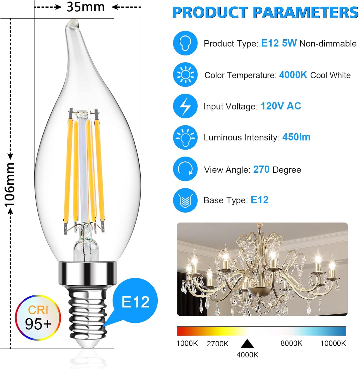 LANGREE E12 Candelabra LED Bulbs 40W Equivalent, High CRI 95+ Eye Protection Led Bulb, Flame Tip, LED Chandelier Light Bulb, Non-Dimmable, 4000K Cool White, 450LM - Pack of 10
