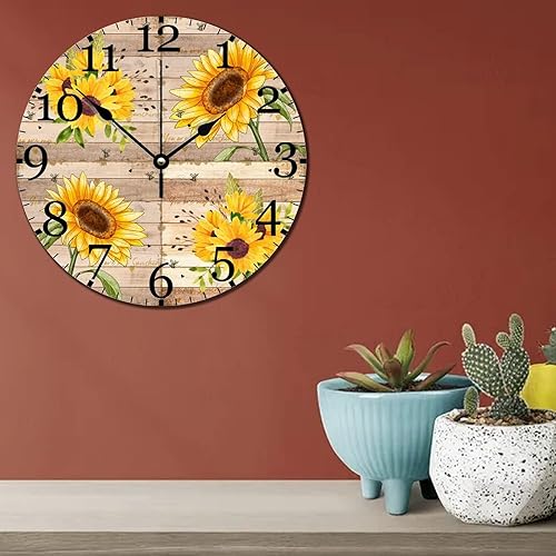 Miniatura 5 de Farm Sunflowers Bee - Reloj de pared de 10 pulgadas, silencioso sin tictac, funciona con pilas, reloj de madera con textura de girasol botánico de