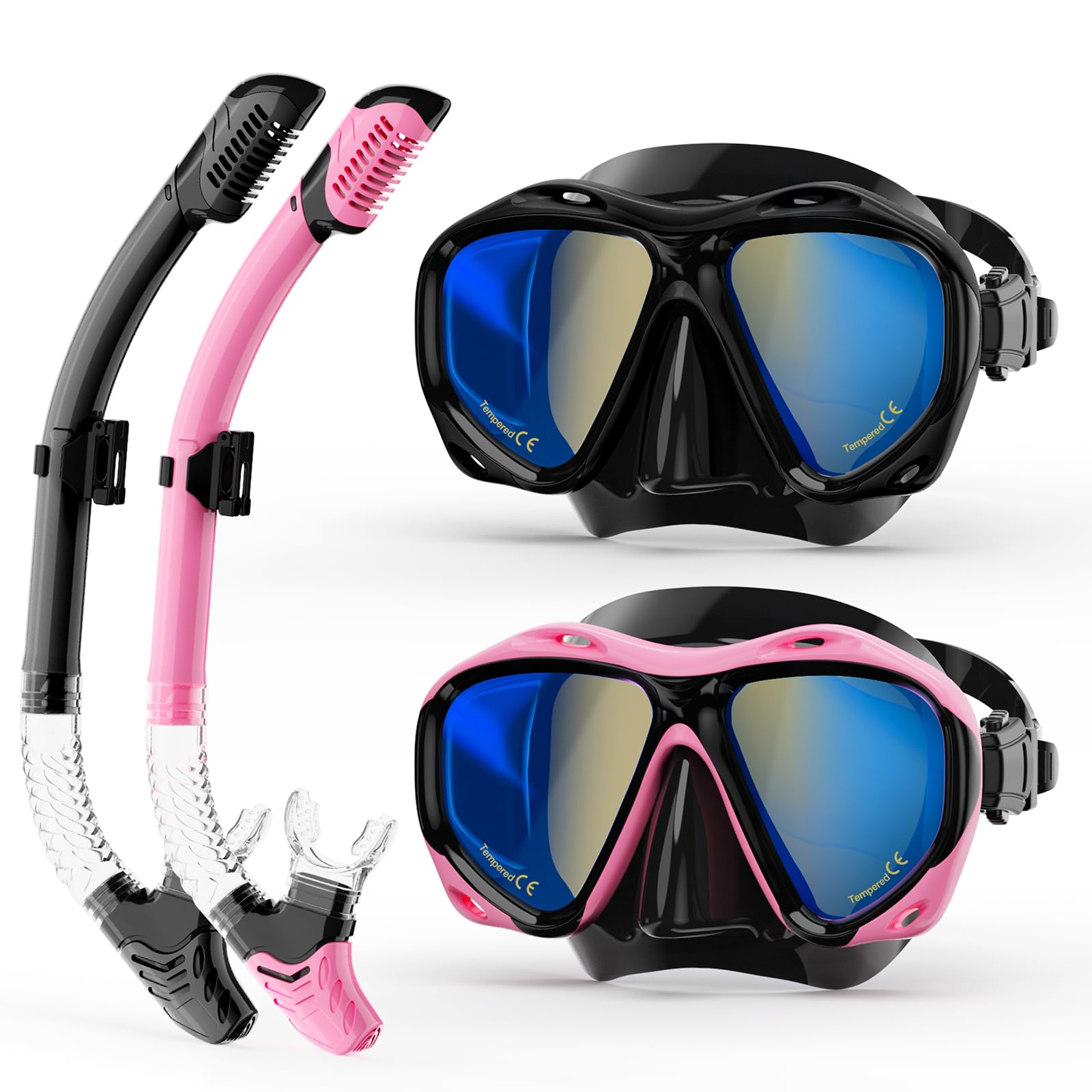 Snorkeling Gear for Adults, Snorkel Mask With Mirrored Tempered Glass Lens 180ยฐ Wide View Anti-Fog Scuba Diving Mask, Professional Snorkel Set for Swimming Diving (Black+Pink)
