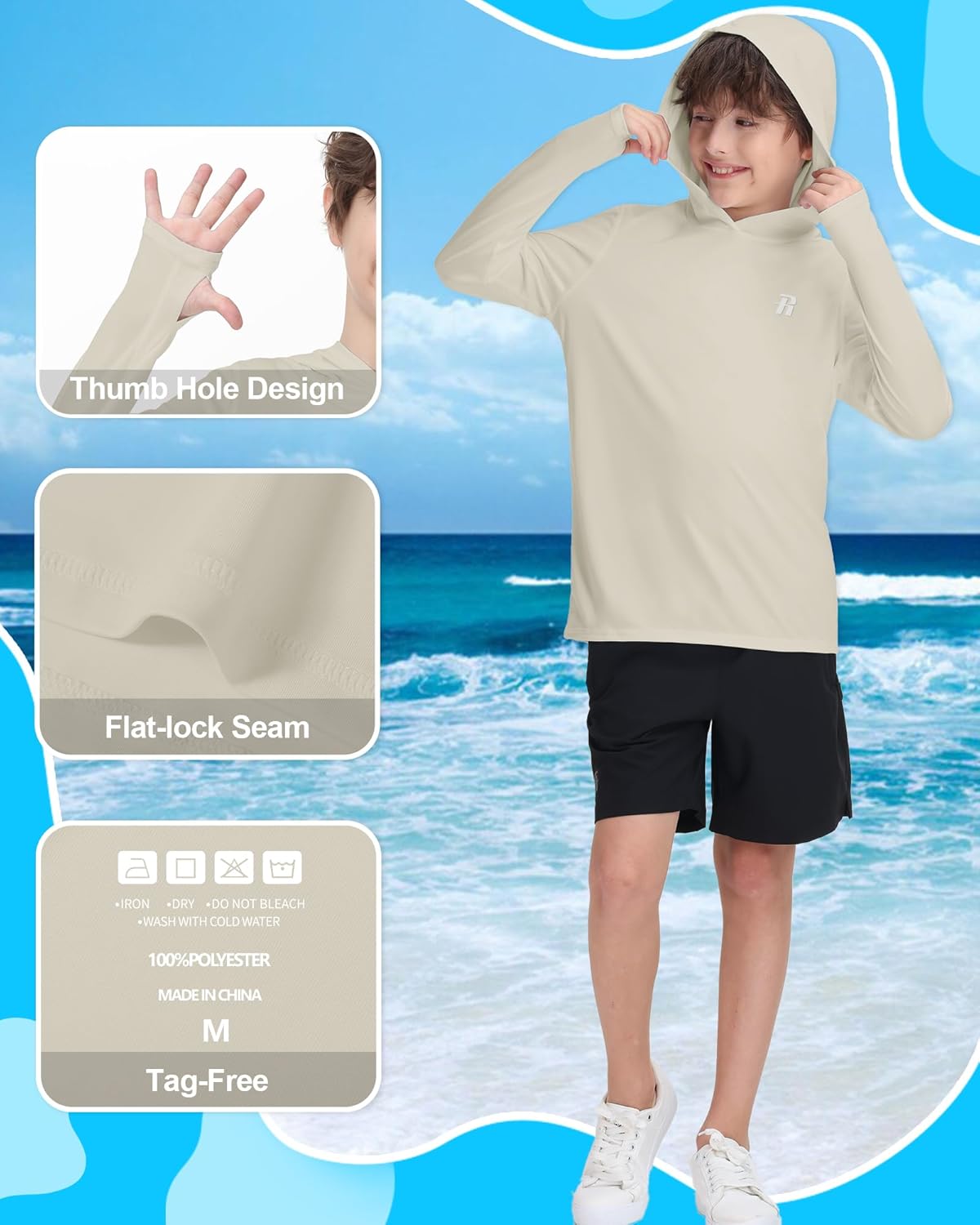 Runhit Boys & Toddler UPF 50+ Rash Guard Hoodie Kids UV Sun Protection Long Sleeve Shirt for Fishing Outdoor Beach Camping - Image 4