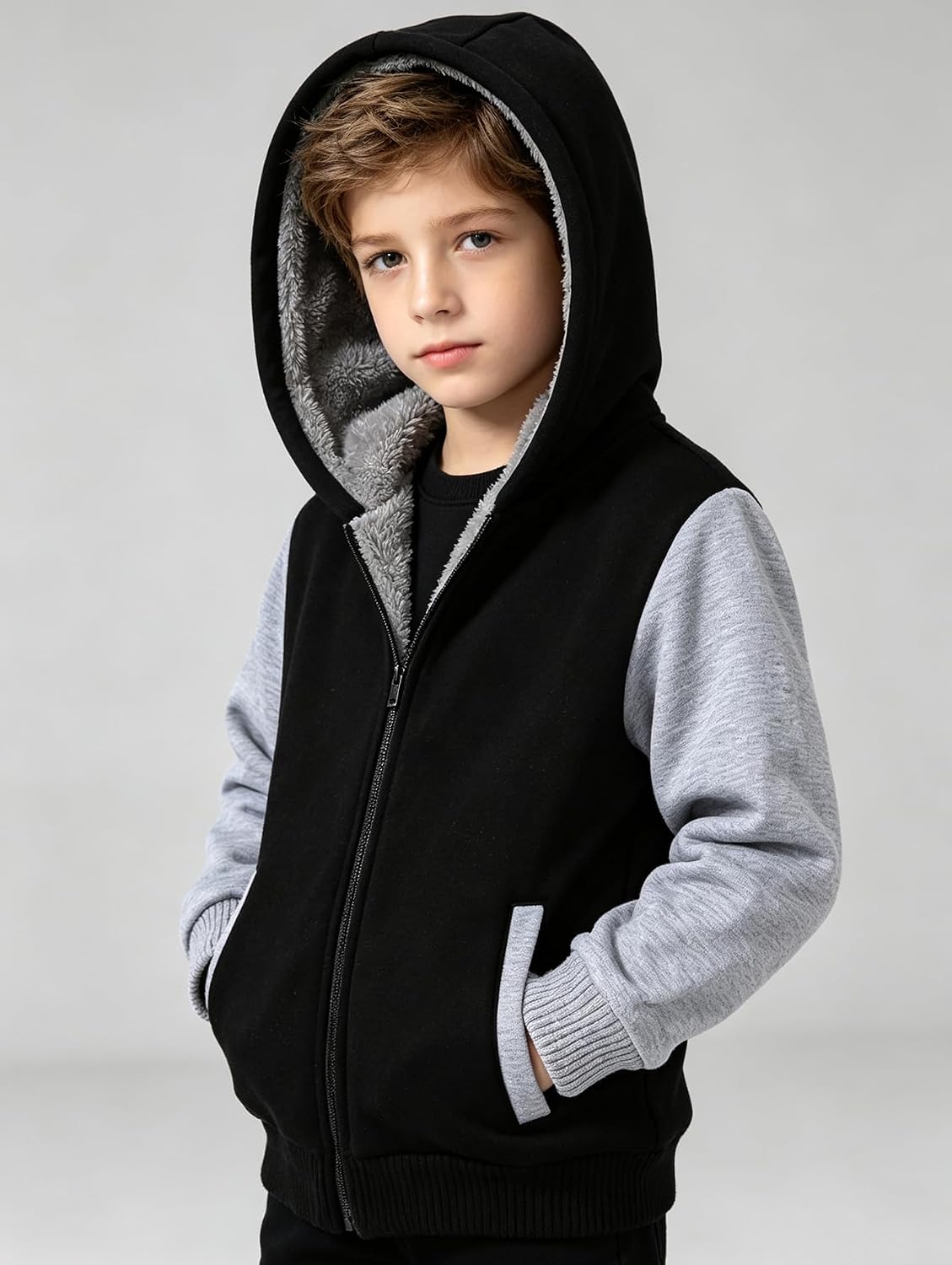 Boys Hoodie Fleece Jacket Warm Lined Zip Up Winter Coat 4-12Y