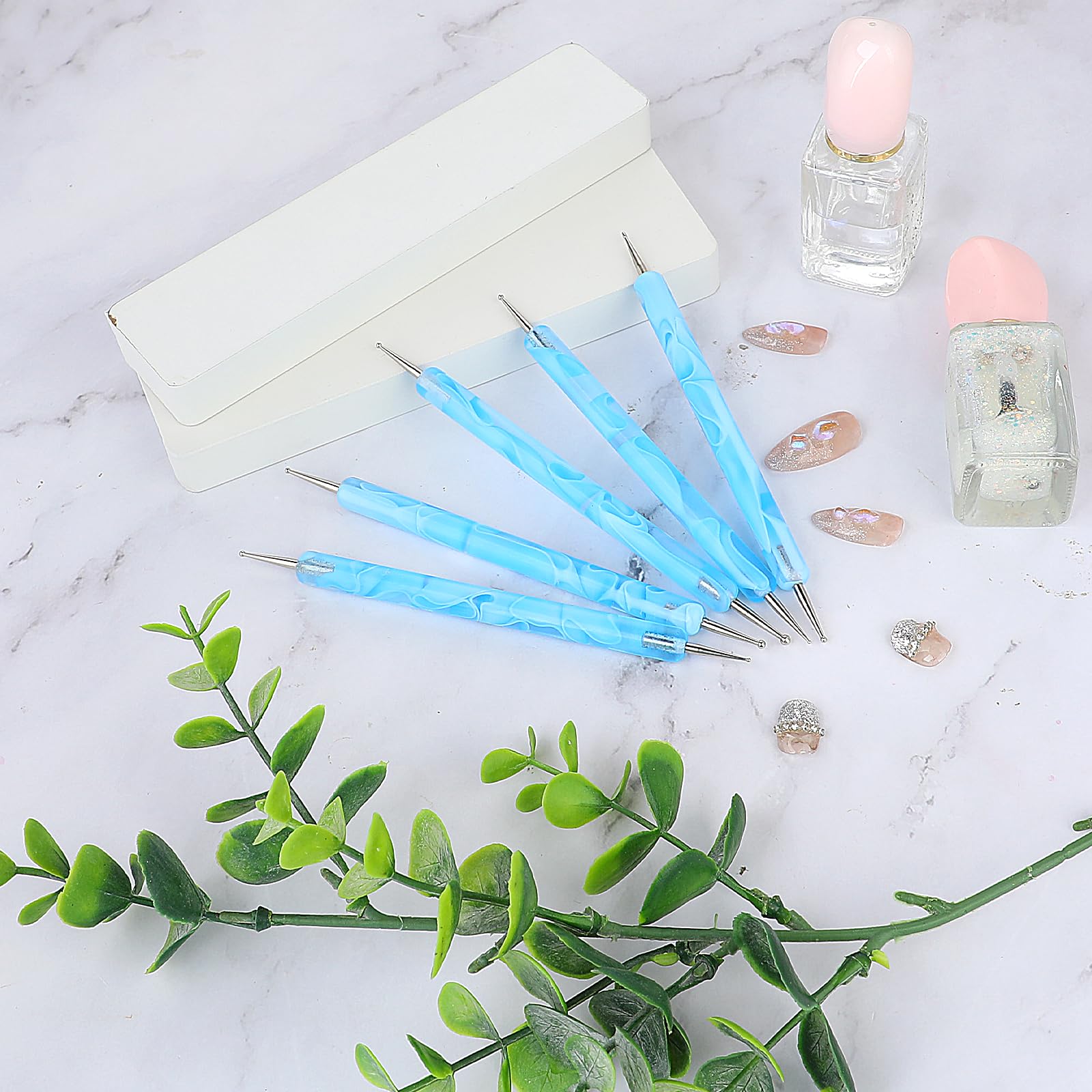 Zestaw 5 dwustronnych narzędzi do zdobienia paznokci, zestaw dwustronnych narzędzi do zdobienia paznokci, do manicure, kropki, do malowania żelowego lakieru, niebieski
