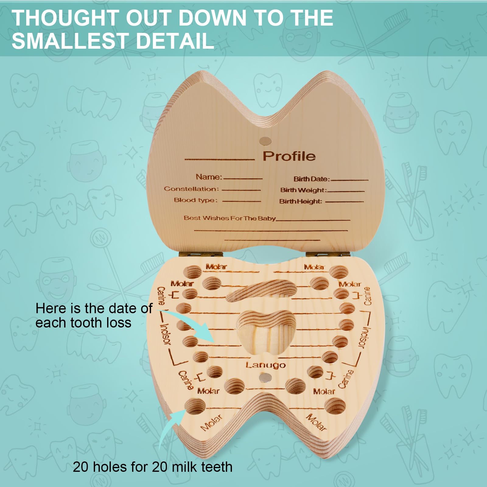 Aolso Scatola Per Denti Di Latt, Denti Salva Box Per Bambini, Scatola Porta Dentini Da Latte In Legno, Accumulazione Dei Denti, Bambini Ricordo Regalo (Ragazzo Inglese)