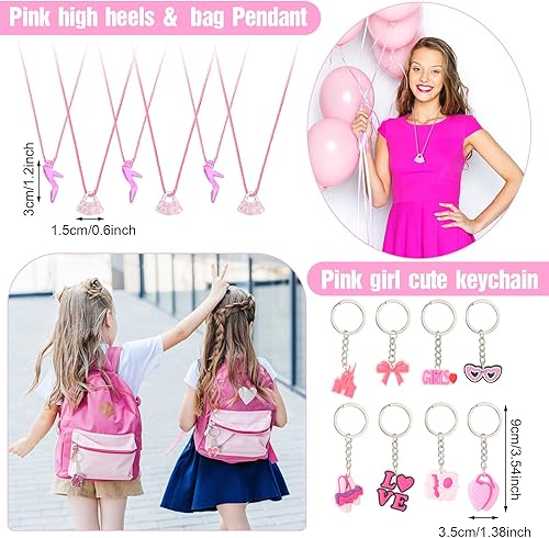 Miniatura 4 de Suclain 179 piezas de recuerdos de fiesta de princesa rosa intenso para 16 niñas, suministros de fiesta de cumpleaños de princesa, llavero de paja