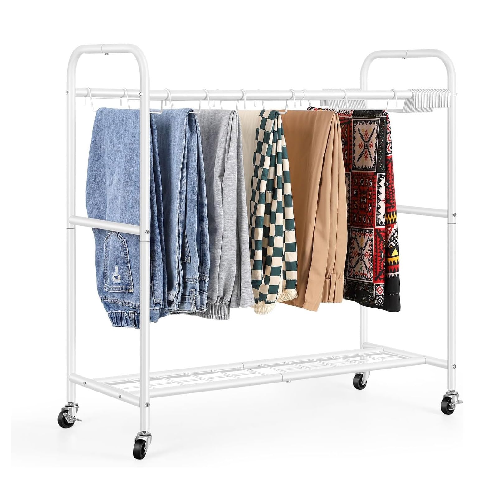 Chariot à pantalons en acier blanc avec étagère de rangement intégrée