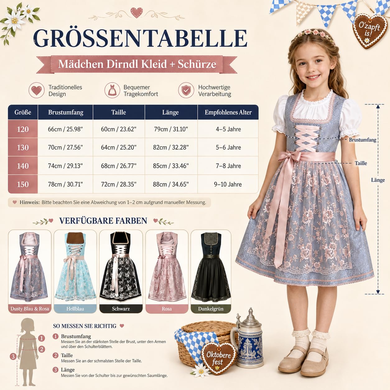 Dirndl Mädchen Liebe Trachtenkleid 2tlg- Kinder Dirndl mit Spitzenschürze Kleid Oktoberfest Kleidung Karneval Wiesn Outfit Trachtenkleid für Volksfest Festliches Modern Trachten Outfit