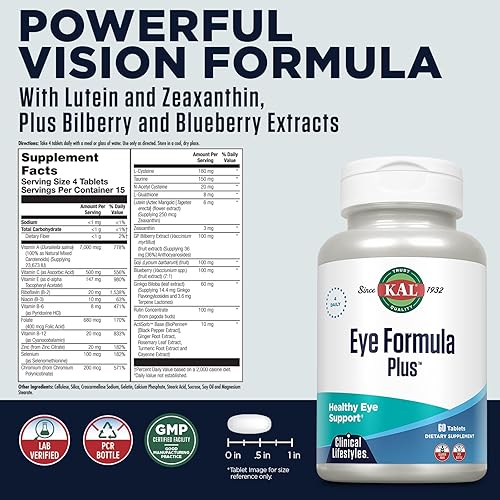 Miniatura 2 de KAL Fórmula para ojos Plus, suplementos para el cuidado de los ojos y la visión para adultos, con vitaminas oculares luteína y zeaxantina, más