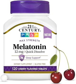 21st Century Melatonin 12 mg Quick Dissolve Max Strength Tablets, 120 Count Sleep Aid for Adults, Cherry Flavored Sleep Supplement, Gluten-Free, No Artificial Colors or Preservatives