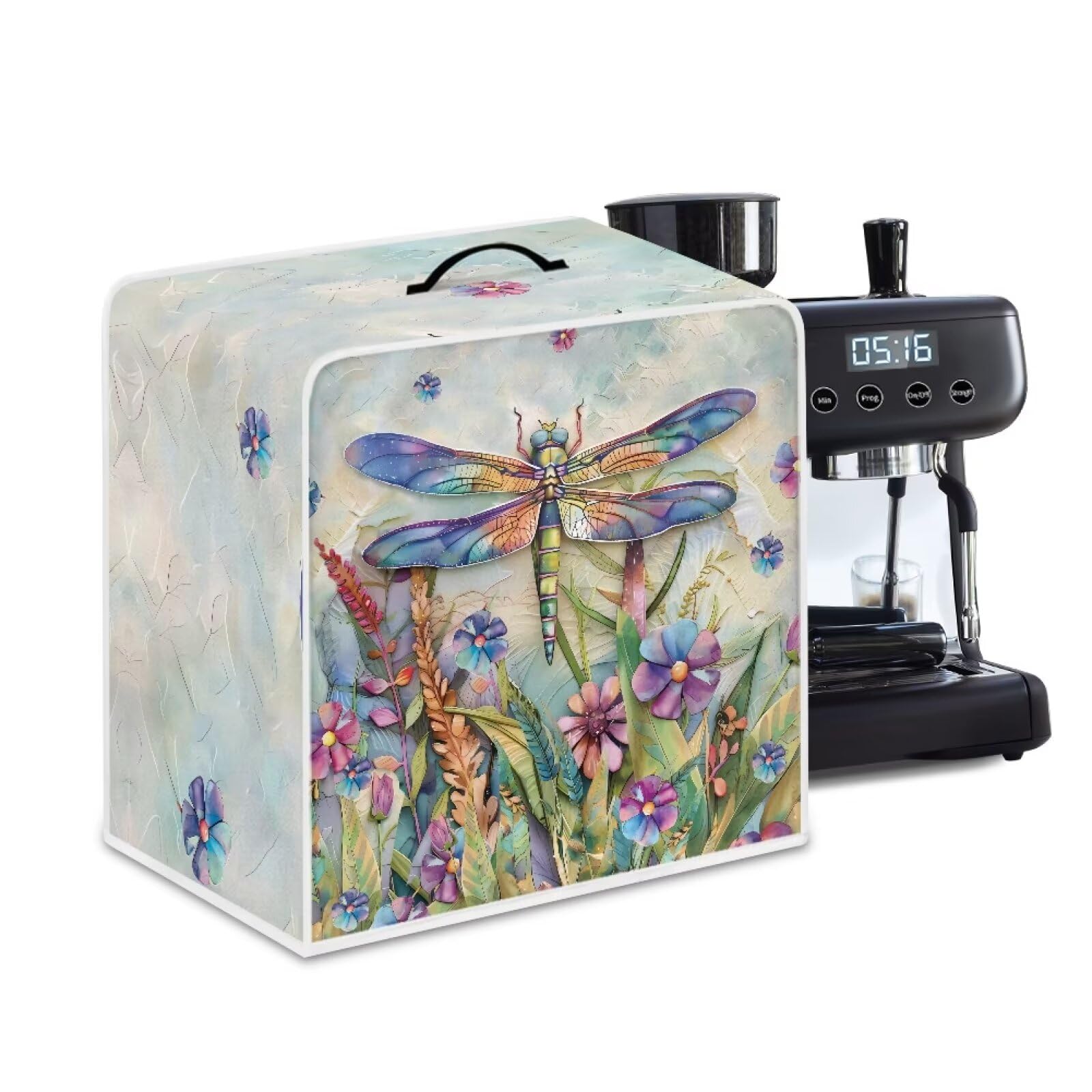 Uorisanigo Dust Cover for Espresso Machine Coffee Dragonfly Floral Coffee Maker Covers with Top Handle Washable Cover Compatible With Most Express Espresso Machine Cover Keep Clean Home Decor
