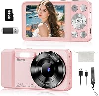 Hoestr 64MP 4K Point & Shoot Camera with 18X Zoom, Autofocus, 64GB Card, Flash - Pink Compact Travel Vlogging Camera for Beginners & Teens