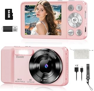Hoestr 64MP 4K Point & Shoot Camera with 18X Zoom, Autofocus, 64GB Card, Flash - Pink Compact Travel Vlogging Camera for Beginners & Teens