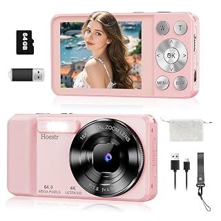 64MP 4K Digital Camera, Hoestr 18X Zoom Autofocus Point and Shoot Compact Camera with 64GB TF Card, Flash, 2.8" LCD Screen for Teens Adult Beginner Travel Photography Vlogging (Pink) - Amazon product rated Grade B