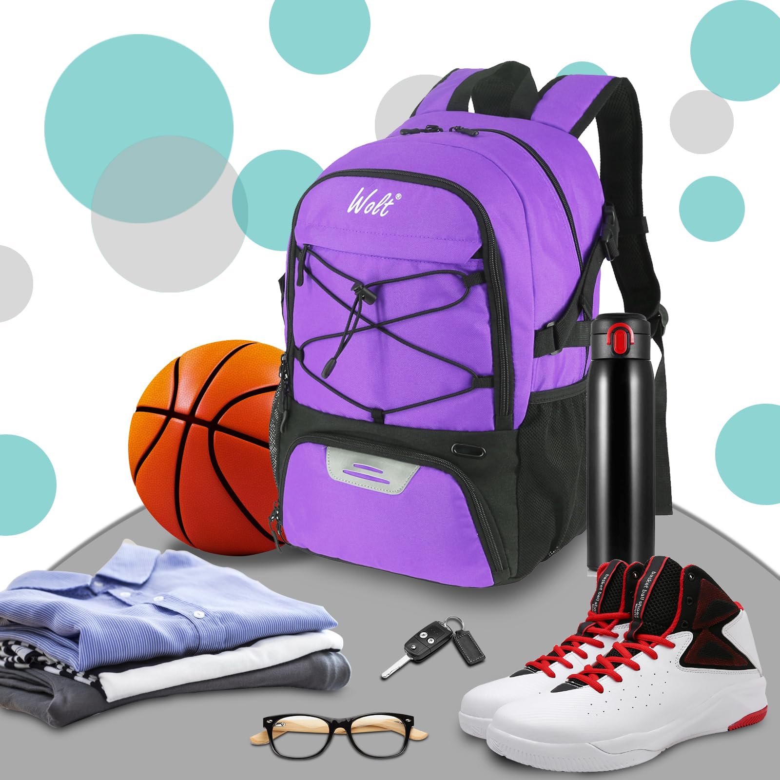 WOLT | Sac à Dos de Basket-Ball Grand Sac de Sport avec Porte-Ballon séparé et Compartiment à Chaussures, idéal pour Le Basket-Ball, Le Football, Le Volley-Ball, la Natation, la Gym, Les Voyages