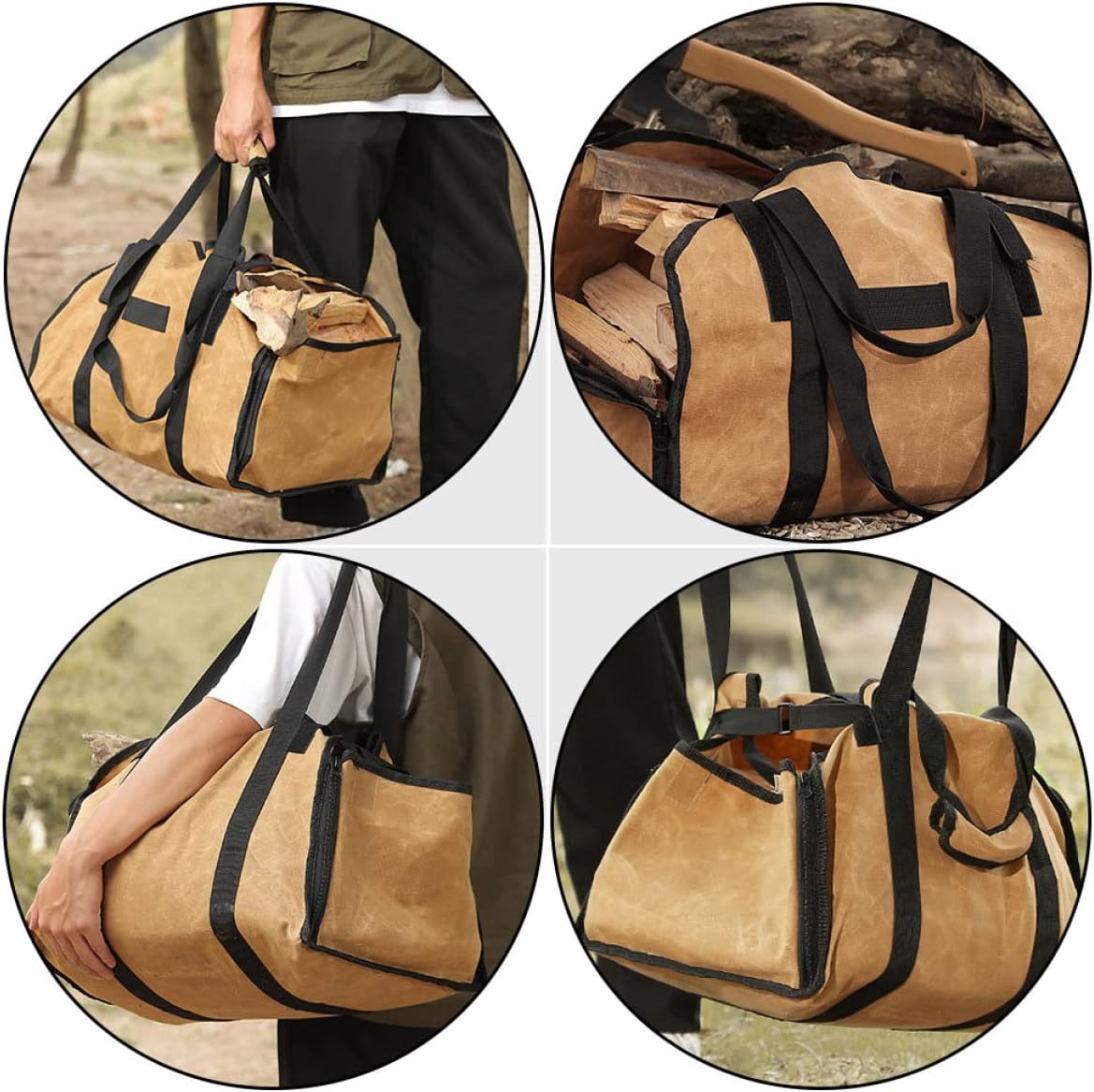 Cabilock Firewood Carrier Tote Bag Large Capacity Canvas Log Holder Double Straps Portable Firewood Storage for Outdoor Camping Khaki Color