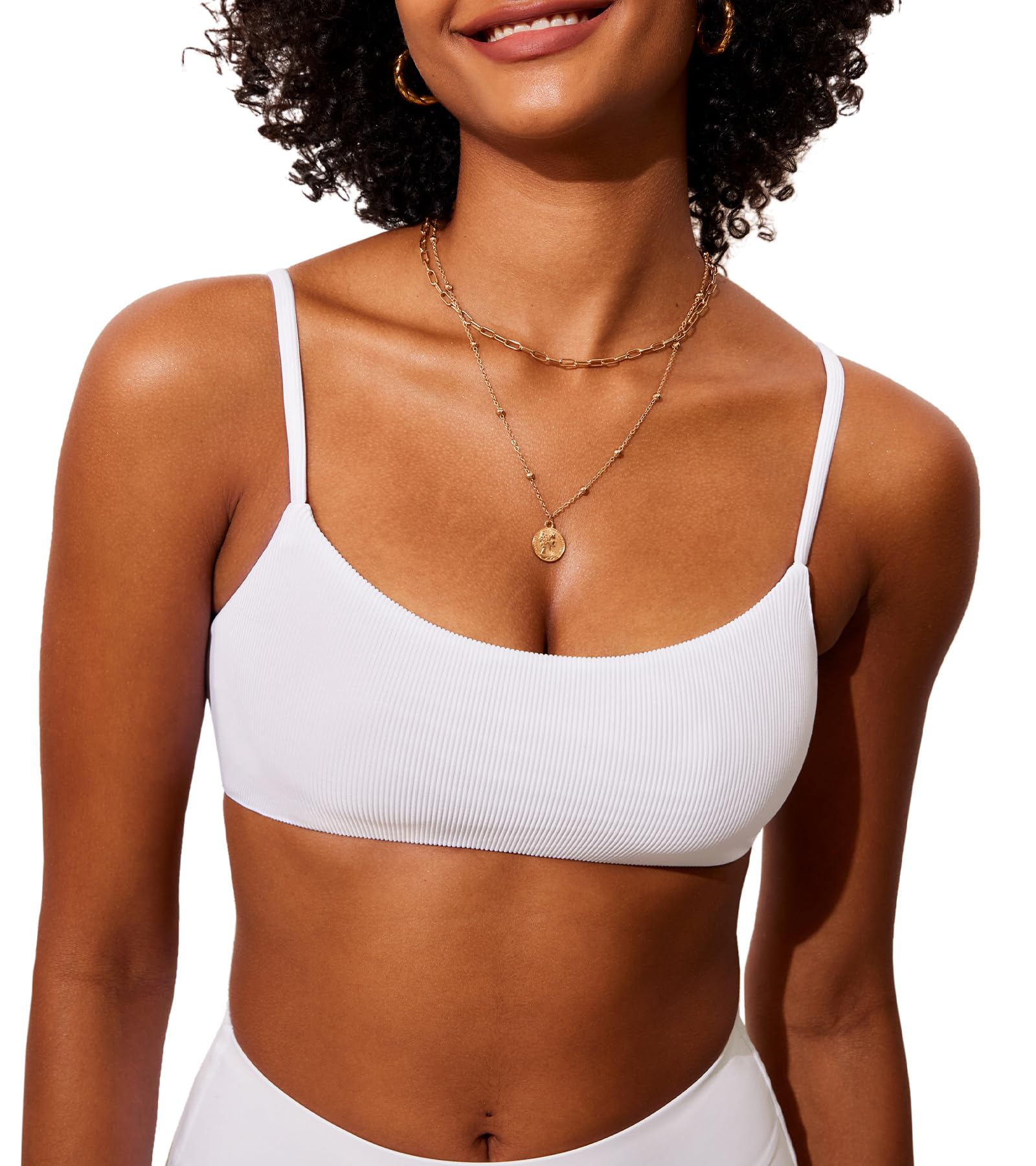 DOBREVA Women's Bikini Top Scoop Neck Bathing Suit Tops Ribbed Adjustable Straps Swimsuit Sexy Padded Swim Bra