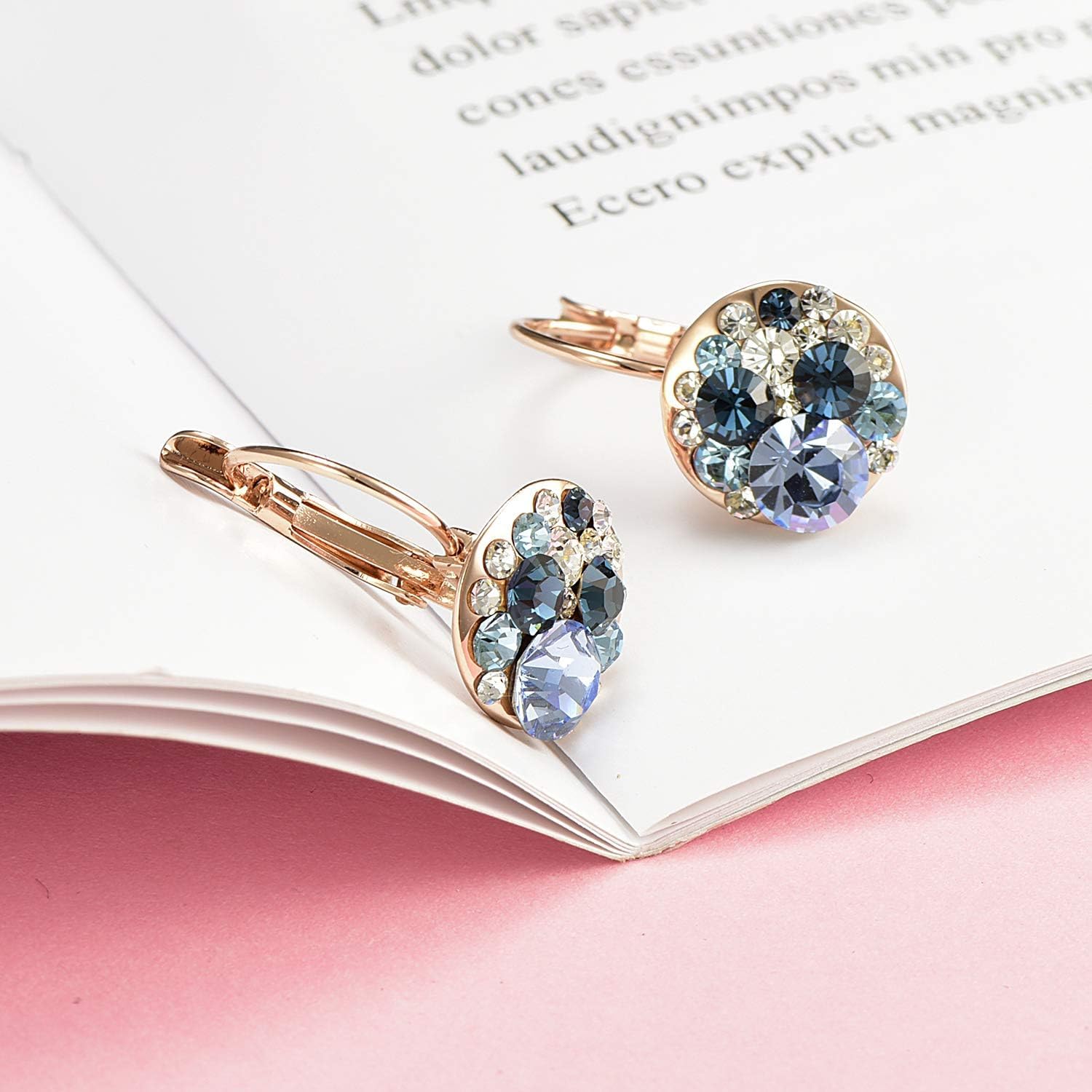 Multicolored Austrian Crystal Leverback Earrings for Women 14K Gold Plated Dangle Hoop Earrings Hypoallergenic Jewelry - Image 8