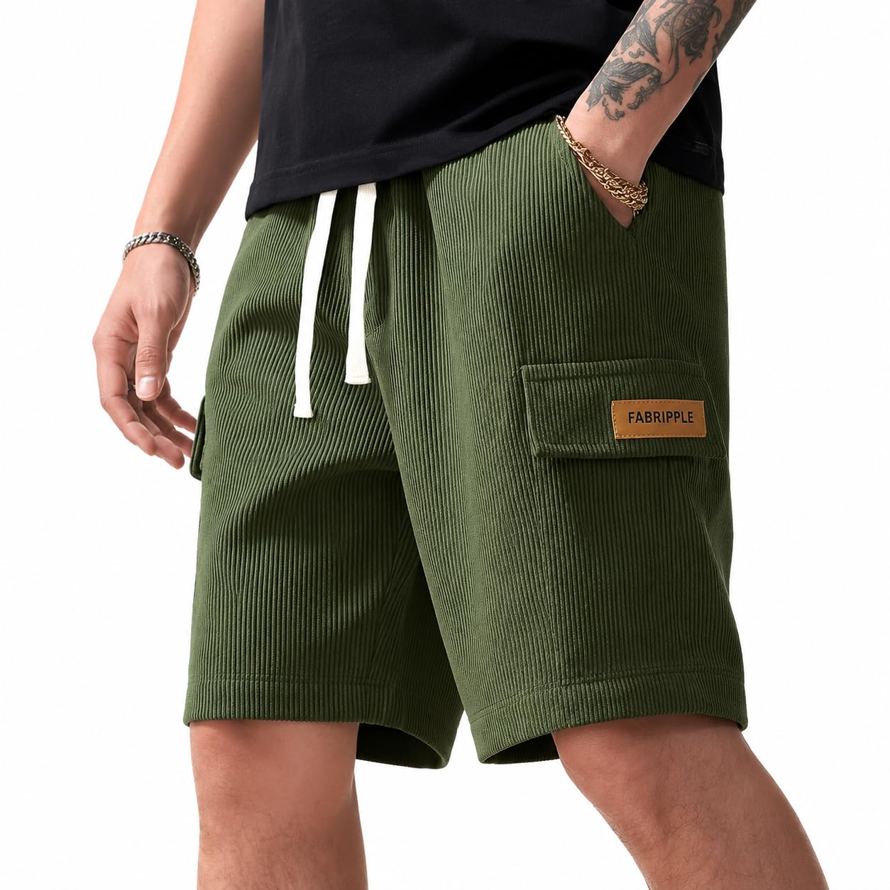 dbax Men's Black Ribbed Cargo Shorts | Textured Corduroy Style Fabric | Elastic Waist with Drawstring | Relaxed Fit Casual Summer Shorts-picture-19