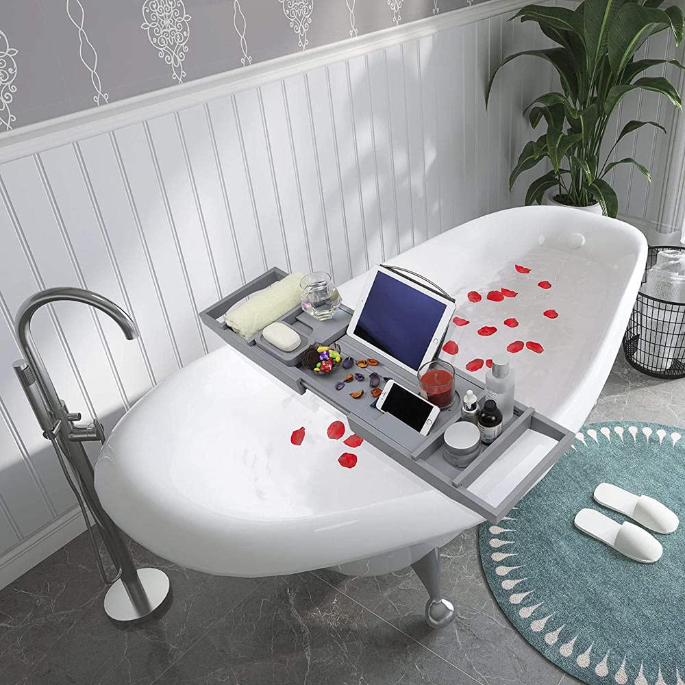Vassoio da Vasca da Bagno in bambù Premium, Vassoio da Bagno Estensibile con Tablet Libro Cellulare e portabottiglie può darti Una Spa di Lusso e Romantica