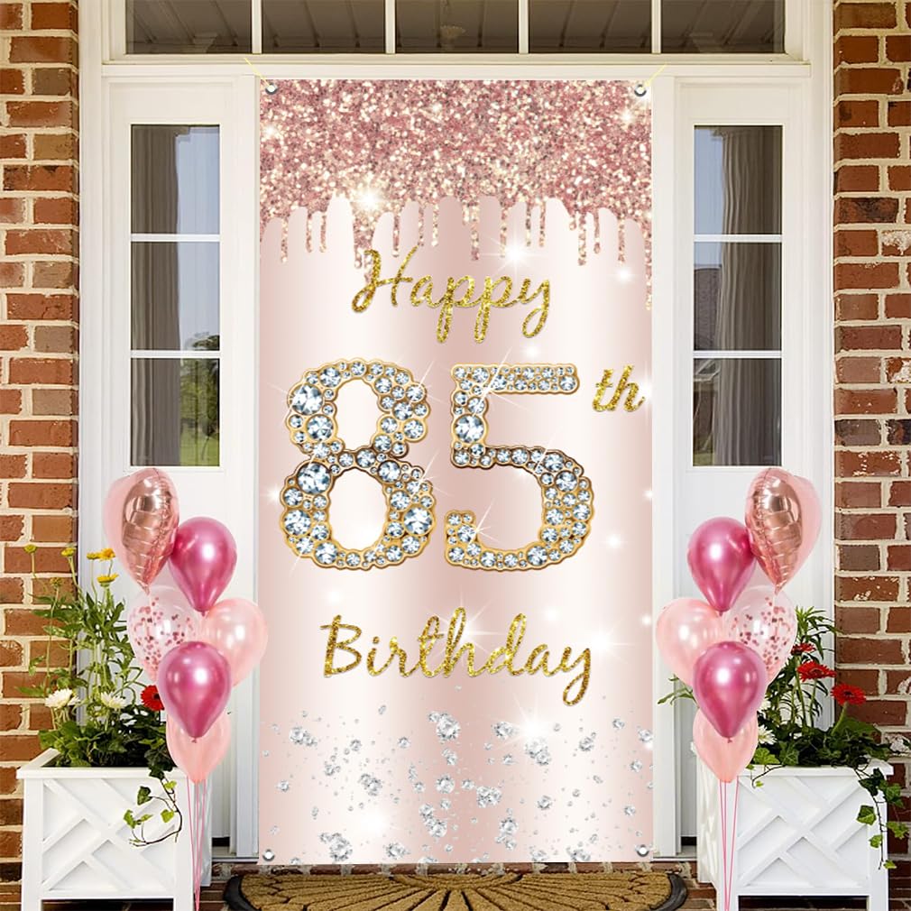 85. urodziny dekoracja damska, Happy 85th Birthday Door Banner różowe złoto, 85. urodziny tkanina tabliczka plakat dekoracja drzwi, 85. urodziny tło baner damski, przyjęcie urodzinowe tabliczka
