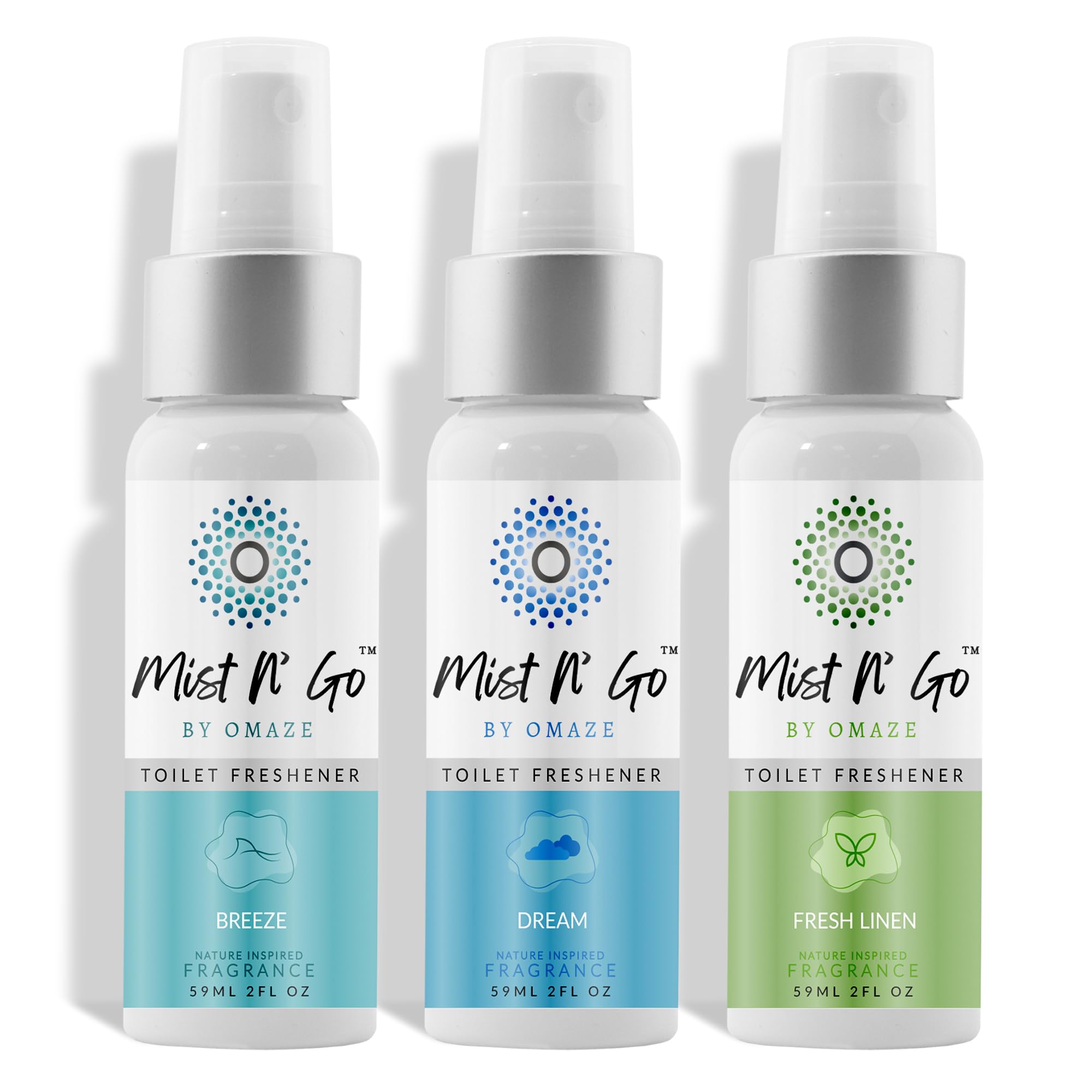 Mist N’ Go by Omaze Travel Bathroom Spray for Toilet Spray Odor Eliminator - Travel Toilet Spray for Bathroom Air Freshener Spray for Bathroom Deodorizer - Clean Mix, Regular Size (2oz x3)