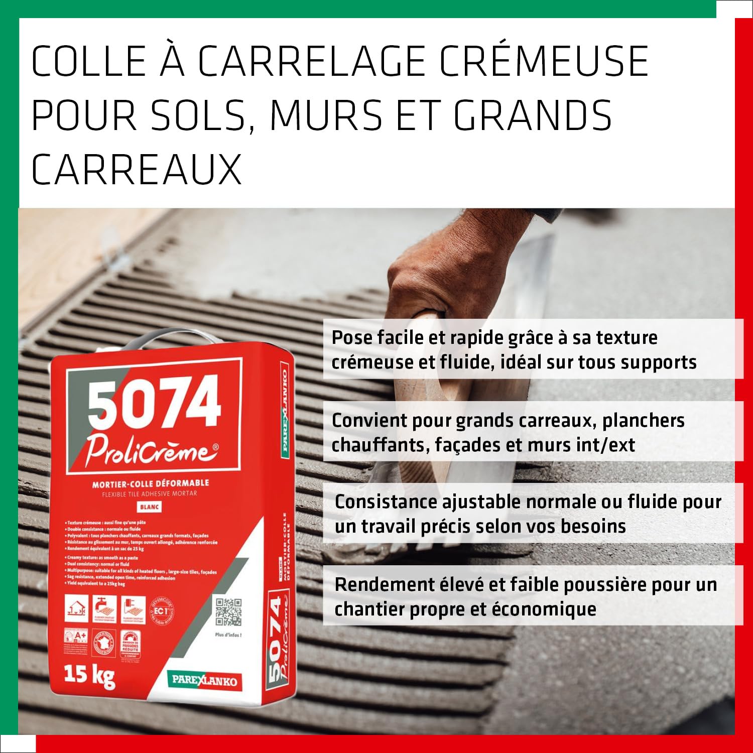 PAREXLANKO - Colle carrelage allégé - 5074 PROLICRÈME - Blanc - 15kg | Polyvalente murs, sols et façades - Grands carreaux - Compatible plancher chauffant - Intérieur/extérieur