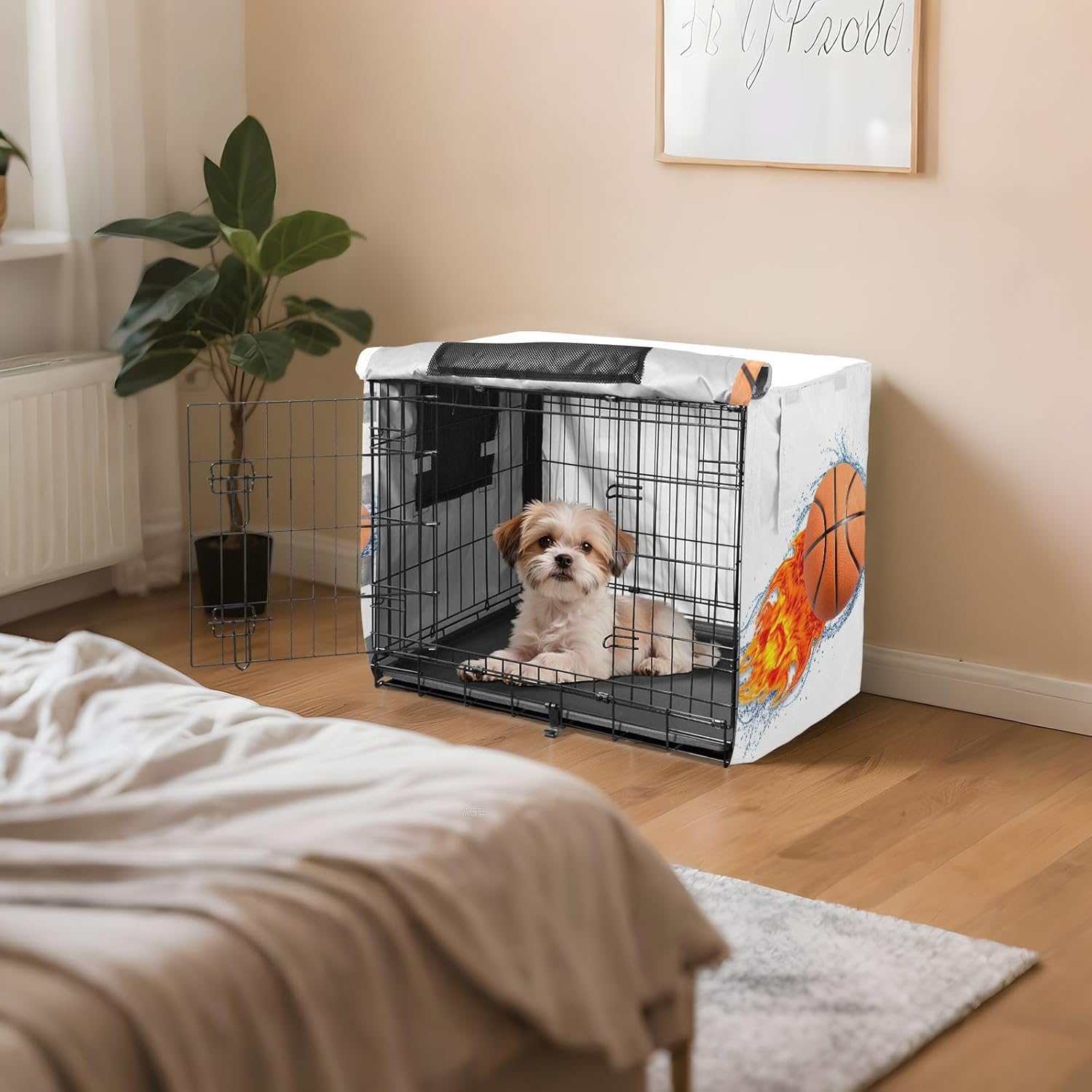 Basketball Ball Shot Flame Dog Crate Cover Washable, S-XL Breathable Crate Cover for Pet Owners, X-Large