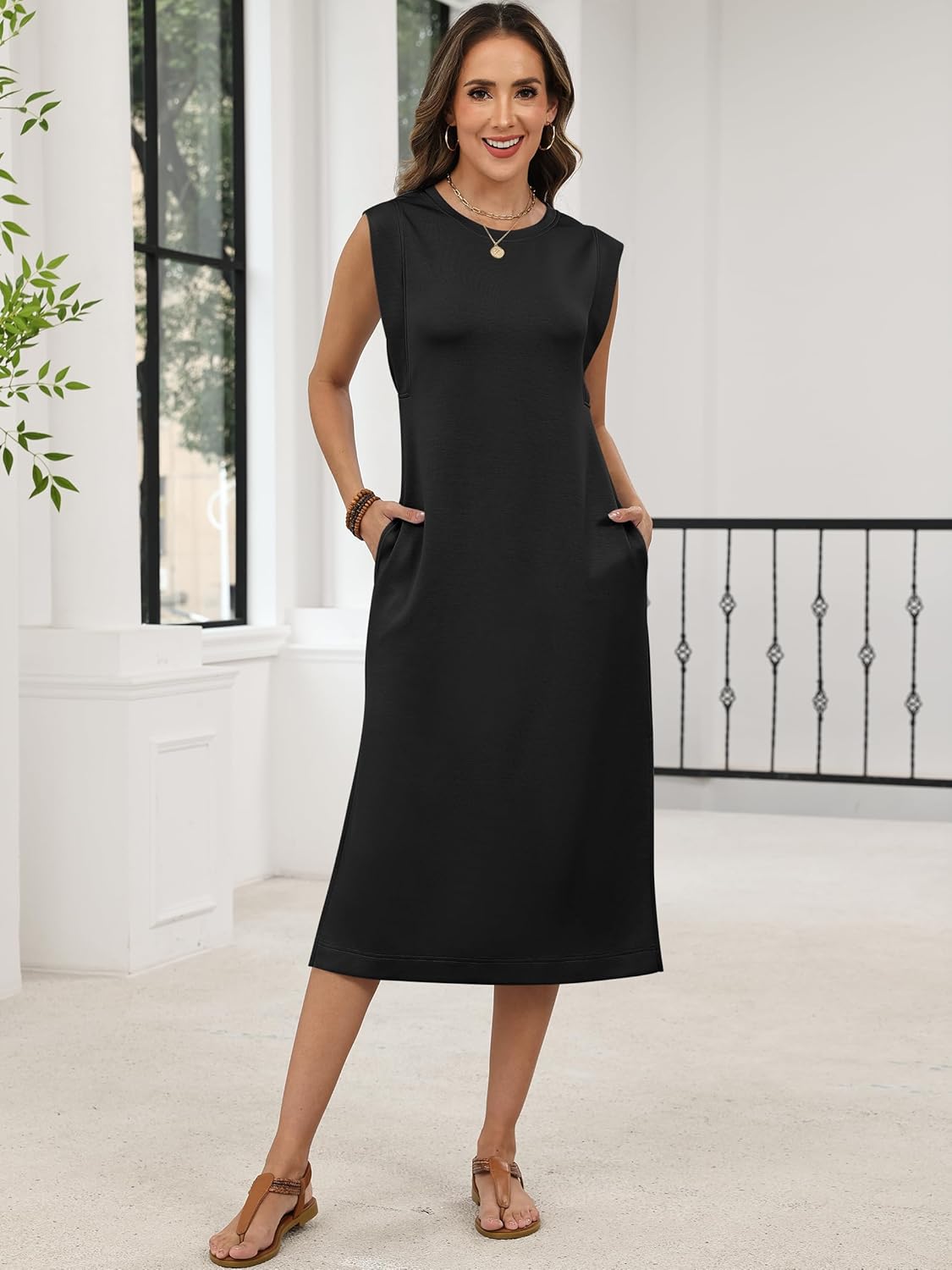 ANRABESS Womens Summer Casual Midi Dress Sleeveless Crewneck Loose Split Wrinkle-Free Beach Travel Vacation Long Sundress - Image 2