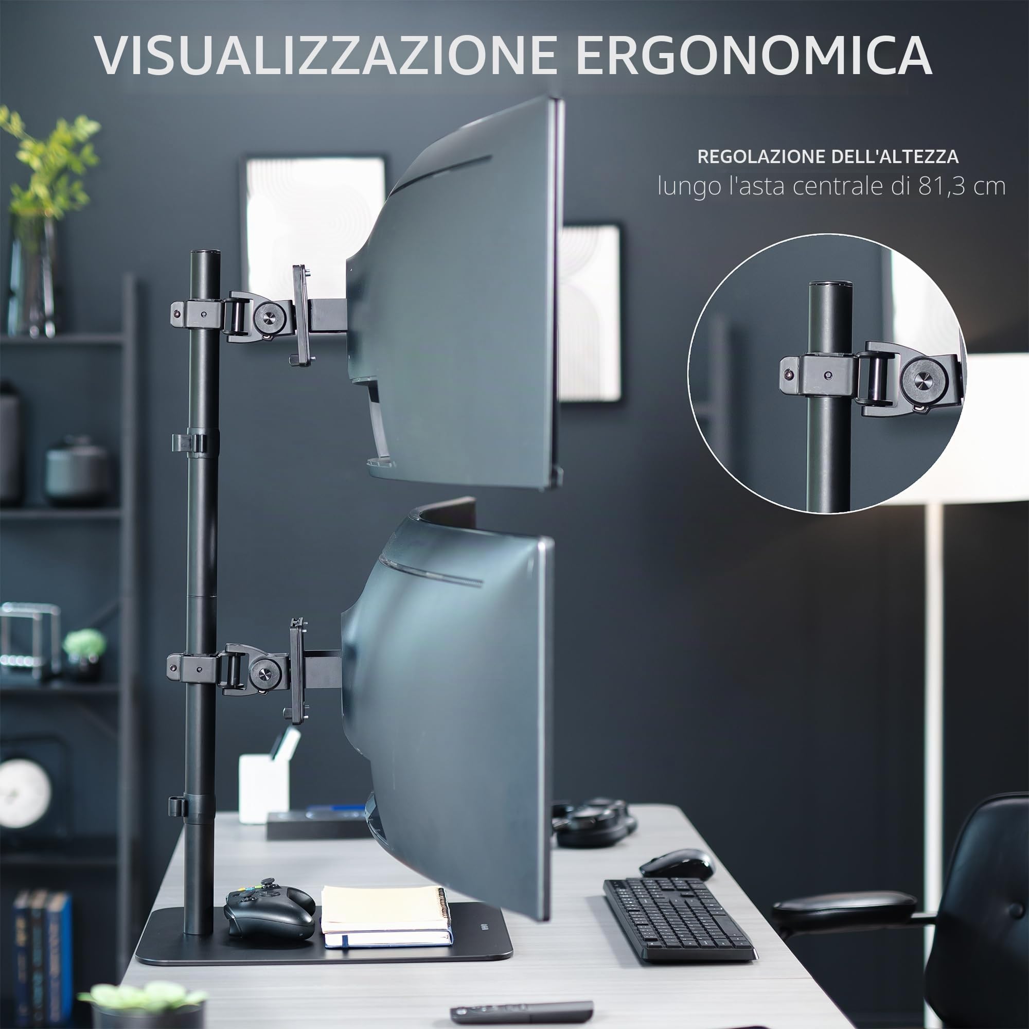 VIVO STAND-V202L STAND-V202L - Supporto da scrivania autoportante doppio verticale impilato per monitor ultra ampio, extra alto, resistente, regolabile, per 2 schermi fino a 49", capacità 20 kg per