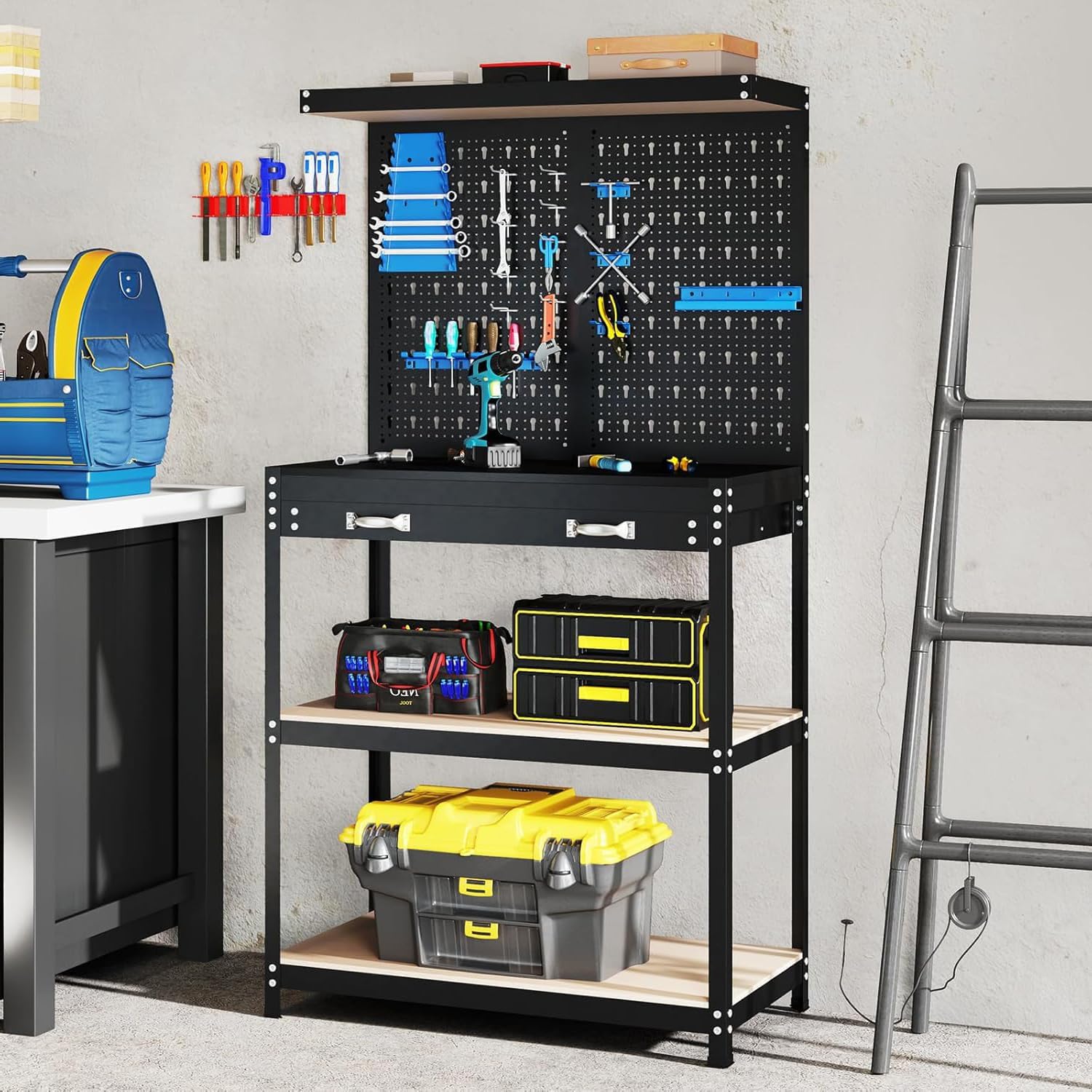 ERGOMASTER Work Bench with Drawers,Heavy Duty Garage Workbench with Pegboard, 965LBS Capacity Work Table for Garage, Home, Workshop, Auto Shop, Basement (Blue Standard Size With drawer)