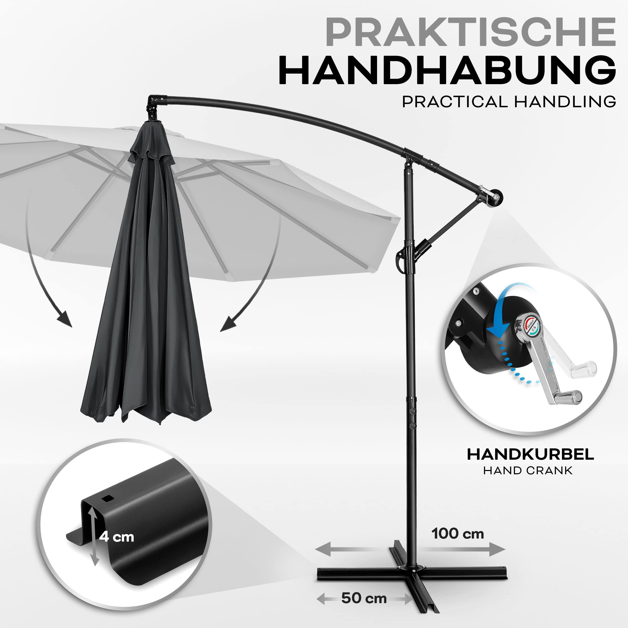 tillvex Aluminiowy parasol przeciwsłoneczny + osłona Ø 300 cm z korbą | parasol przeciwsłoneczny ze stojakiem i ochroną przed wiatrem | parasol ogrodowy, ochrona przed promieniowaniem UV, aluminium,