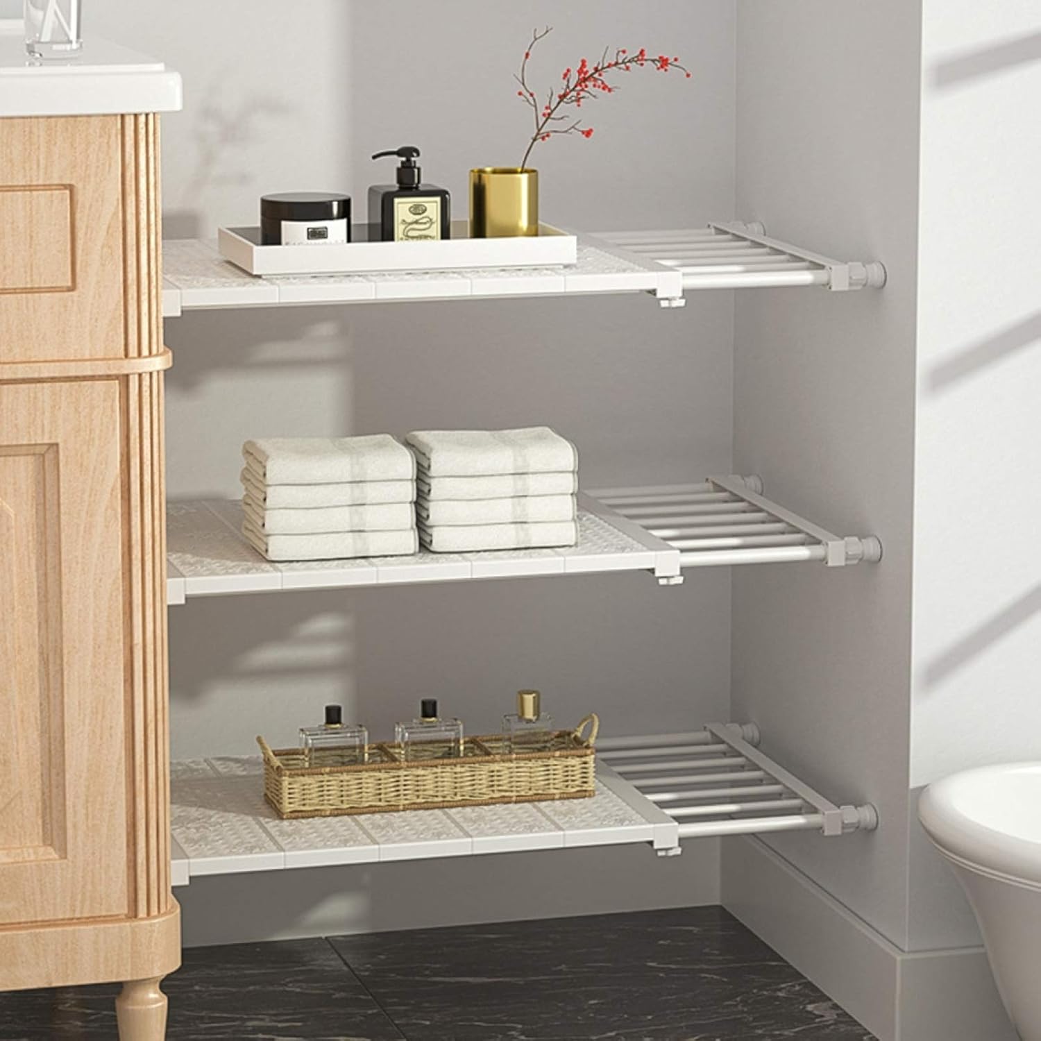 Expandable Wardrobe Storage Telescopic Closet Organiser Rack Adjustable Shelf for Bedrooms & Bathrooms White 53~90Cm Length / 30Cm Width,White (Single Shelf),53~90c