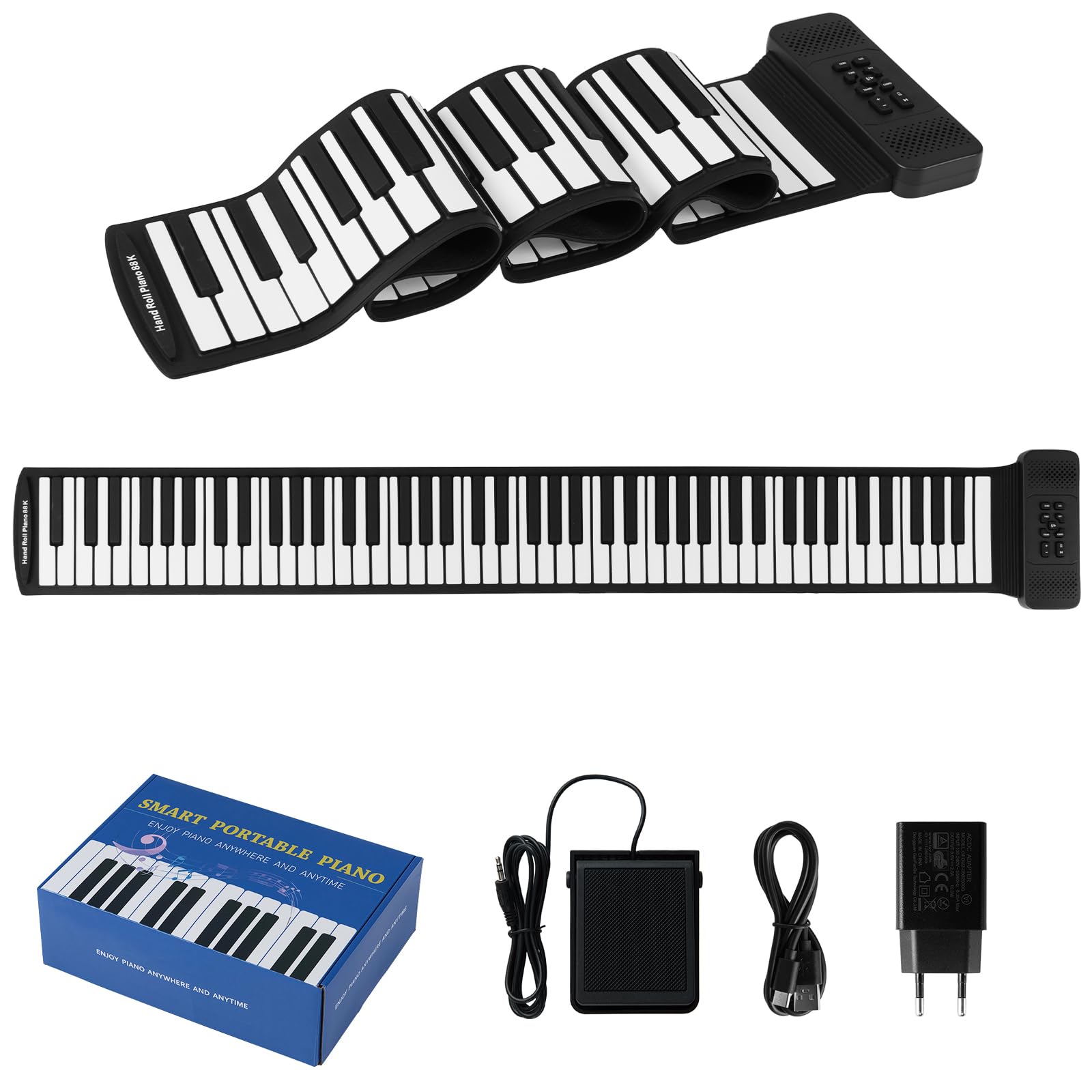 KOMFOTTEU Piano Digital Enrollable 88 Teclas, Piano Electrónico Plegable con 128 Ritmos y Tonos, 14 Demostraciones, Teclado de Piano con Función MIDI