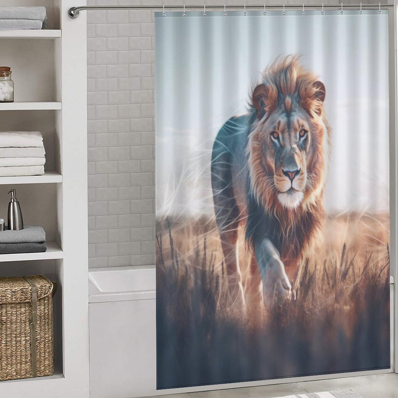 Rideau de douche lion anti-éclaboussures en tissu polyester imperméable pour baignoire