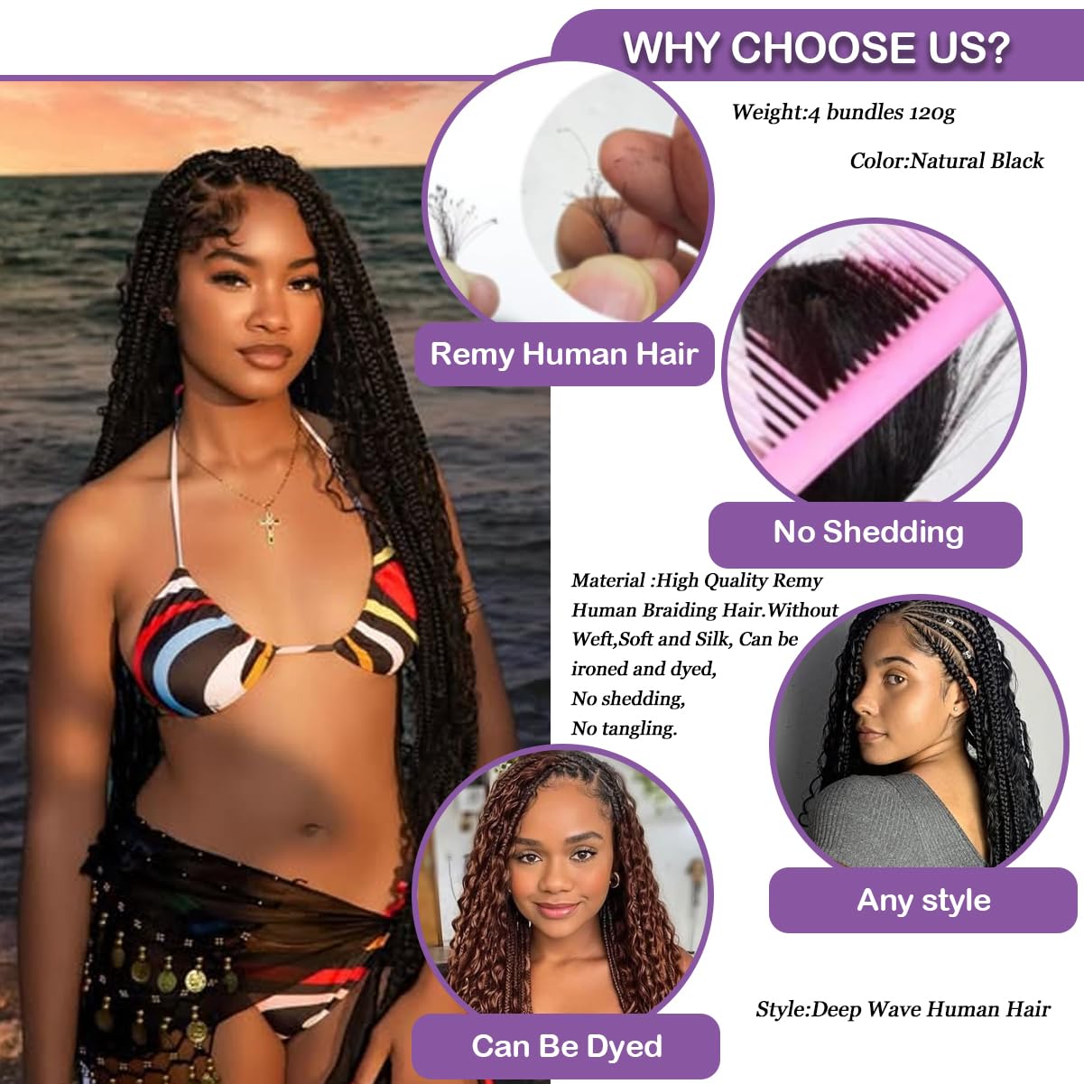 Human Braiding Hair For Boho Braids 120g 4 Bundles Deep Wave Bulk Human Hair for Braiding 12A Curly Human Hair Extensions for Braid Knotless Bohemian Natural Color 16 Inch