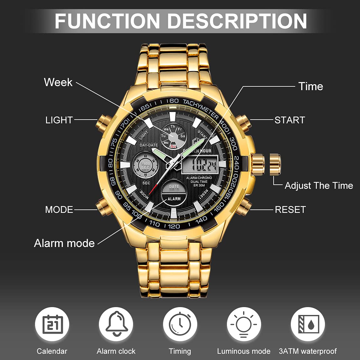 Affute Reloj Deportivo de Pulsera analógico y Digital de Cuarzo para Hombre, cronógrafo, Esfera Grande, Acero Inoxidable, Resistente al Agua