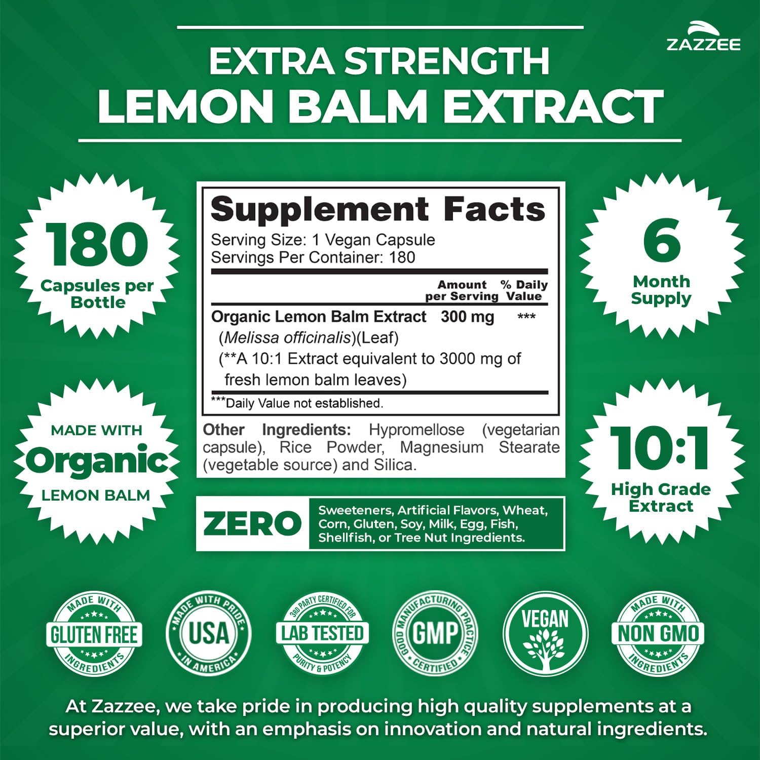 Zazzee Organic Lemon Balm 10:1 Extract, 180 Vegan Capsules, 6 Month Supply, Melissa Officinalis, Calm, Mood, Stress & Relaxation Support, Herbal Supplement, All-Natural, Non-GMO, Made in the USA