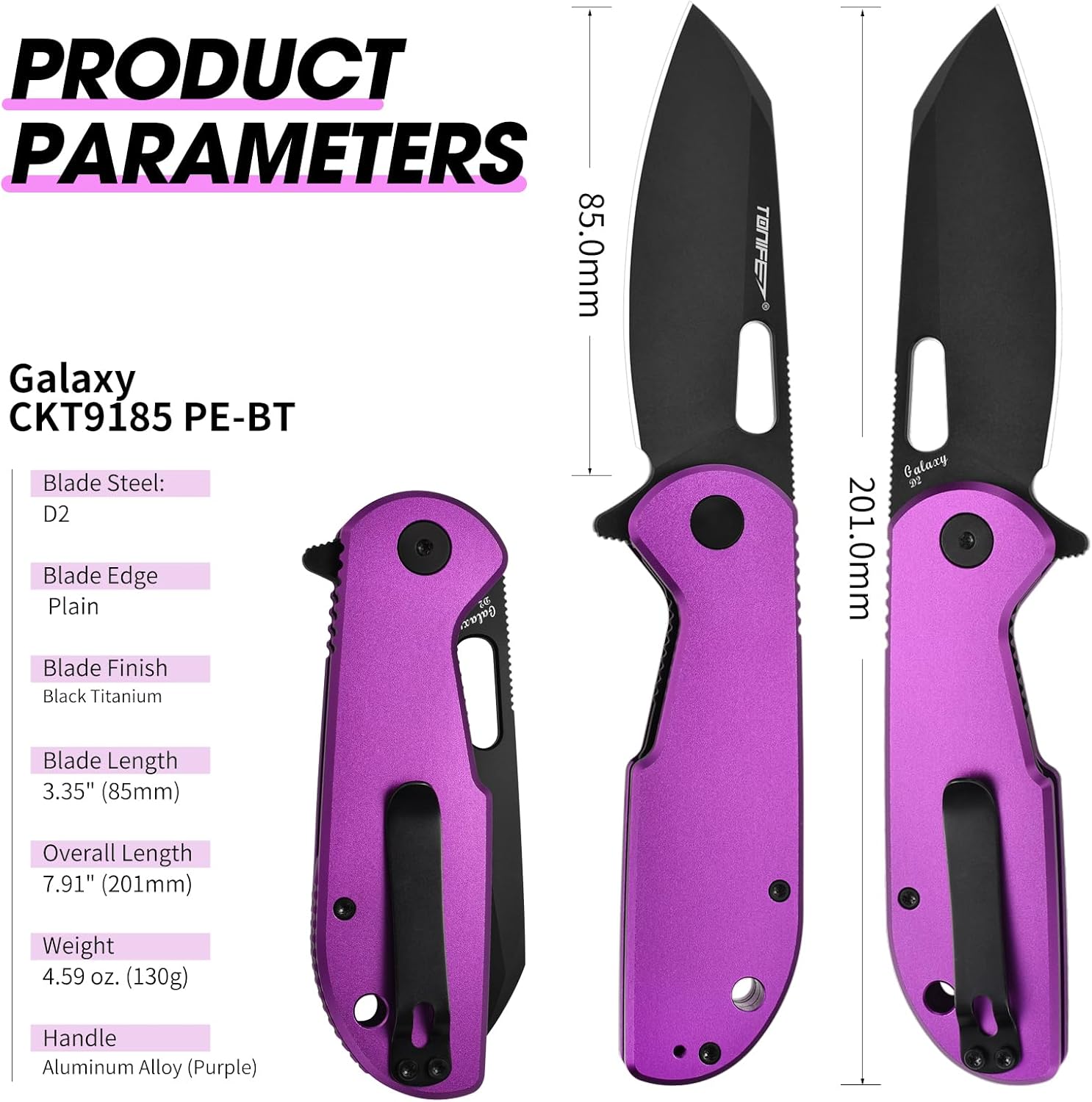 TONIFE Galaxy EDC Folding Pocket Knife with D2 Steel Blade and Aluminum Handle, Compact Outdoor Tool for Camping and Everyday Carry (Purple)