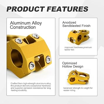 Bike Stem 22.2mm Short Aluminum Alloy Short Bar Stem 40mm for kids mtb E-bike BMX Pit bike Ridstar Q20 (Gold)