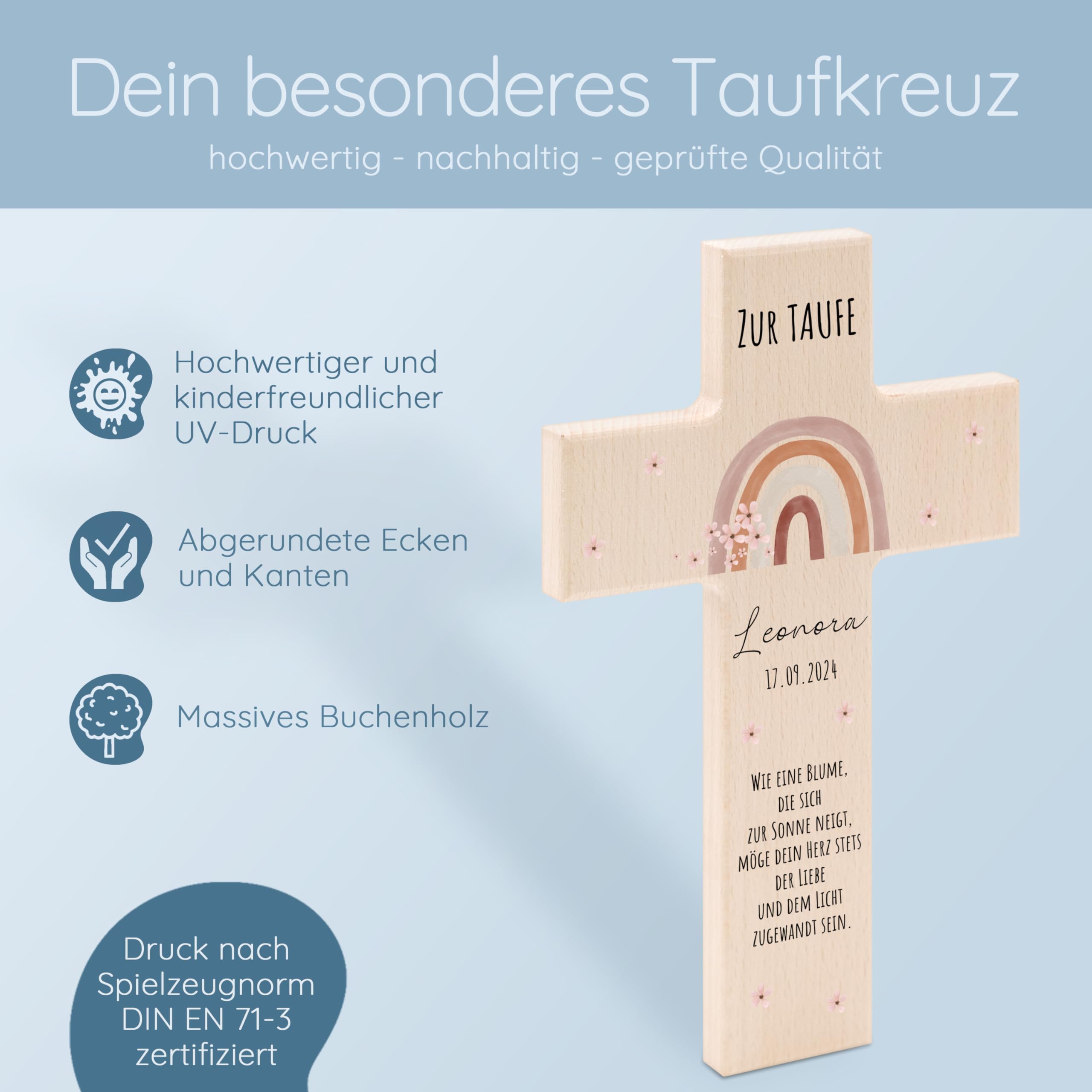 Bärenfreunde - Personalisiertes Taufkreuz mit hochwertigem Spezial-Druck aus massivem Buchenholz - Taufe Geschenk - Holzkreuz Taufe (Regenbogen Blumen)