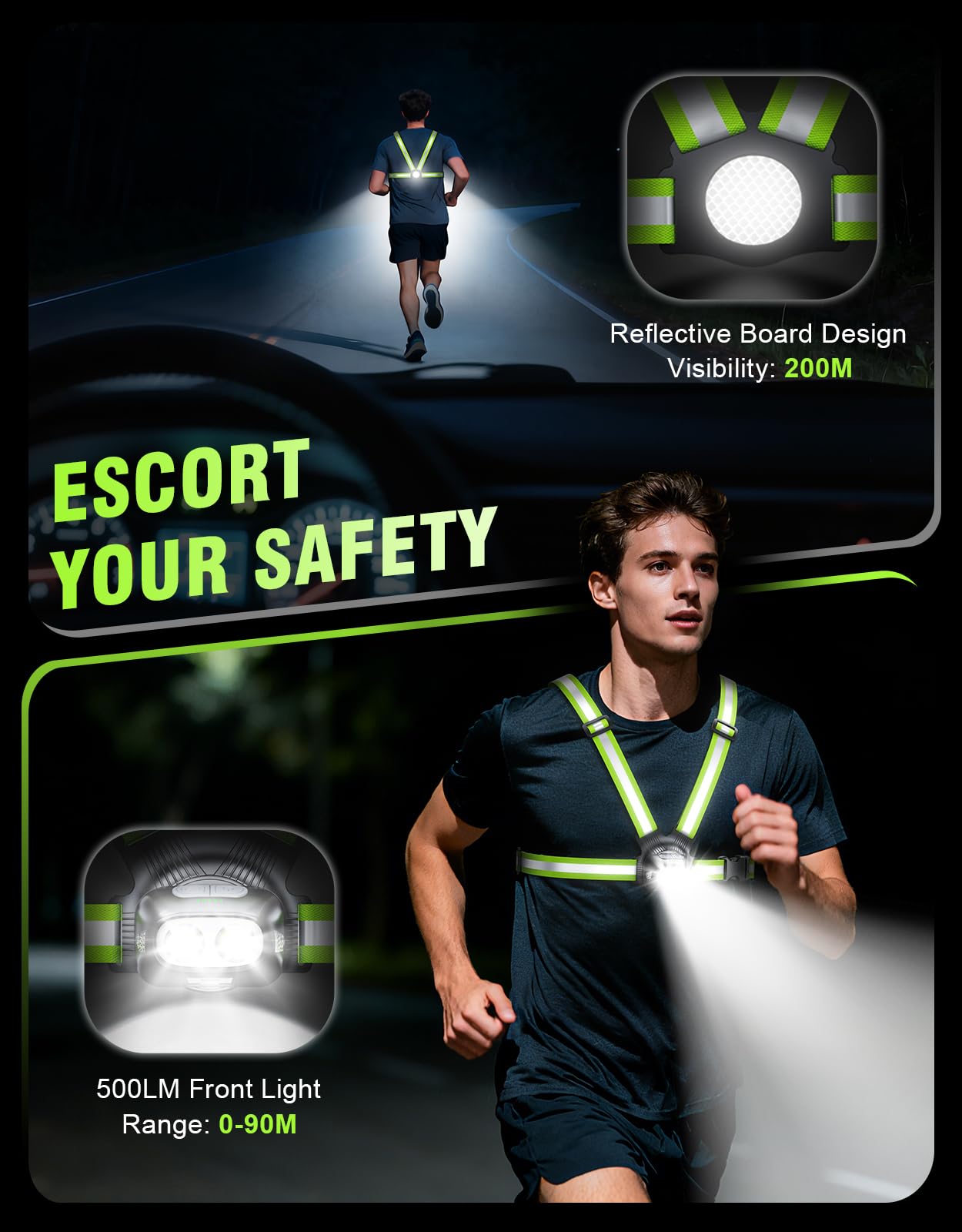 Luci da corsa per corridori, 500 lm, 1800 mAh, luce da corsa ricaricabile con 7 modalità e fascio regolabile a 45°, impermeabile IPX4 a 360°, gilet riflettente per passeggiate notturne, jogging