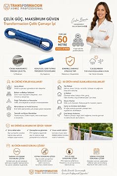 Transformacion 50 Metre Çelik Çamaşır İpi, PVC Kaplı Paslanmaz Balkon Teli, Esnemez Dayanıklı İp 718621
