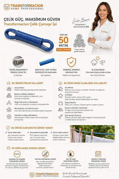 Transformacion 50 Metre Çelik Çamaşır İpi, PVC Kaplı Paslanmaz Balkon Teli, Esnemez Dayanıklı İp 718621