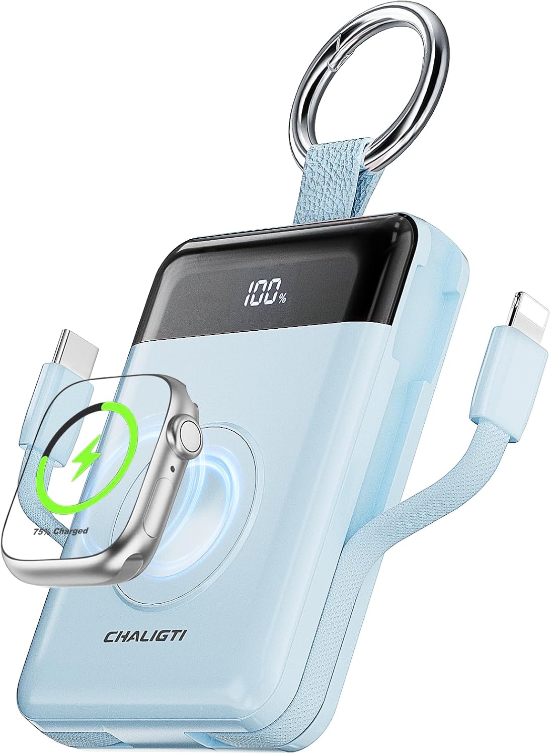 Portable Charger,5000mAh PD 20W Super Fast Charging Power Bank with Built-in Cables,Travel Keychain Battery Pack for Apple Watch Ultra/11/10/9/8/7/6/SE,iPhone 17/16/15/14/13/12 (Blue)