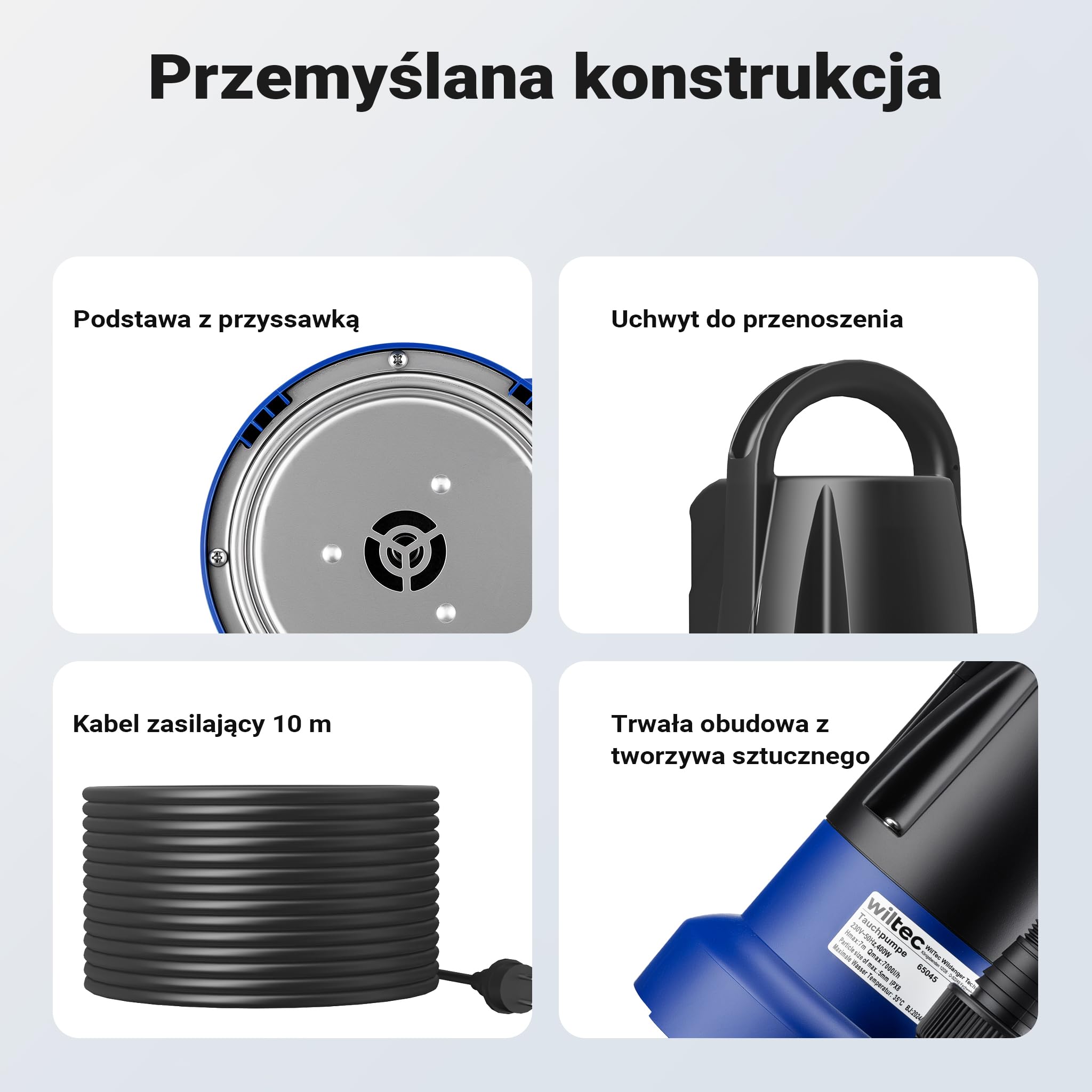 Wiltec Pompa zanurzeniowa 400 W do maks. 7000 l/h, pompa do szamba z czujnikiem i płaskim ssaniem, pompa do wody brudnej i czystej