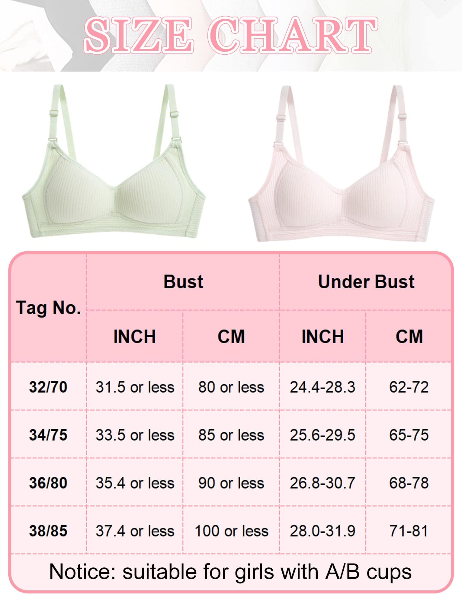 Lot de 6 Soutiens-Gorge d'entraînement Fille sans Armature Enfant Brassieres sans Armature Bretelles Réglable