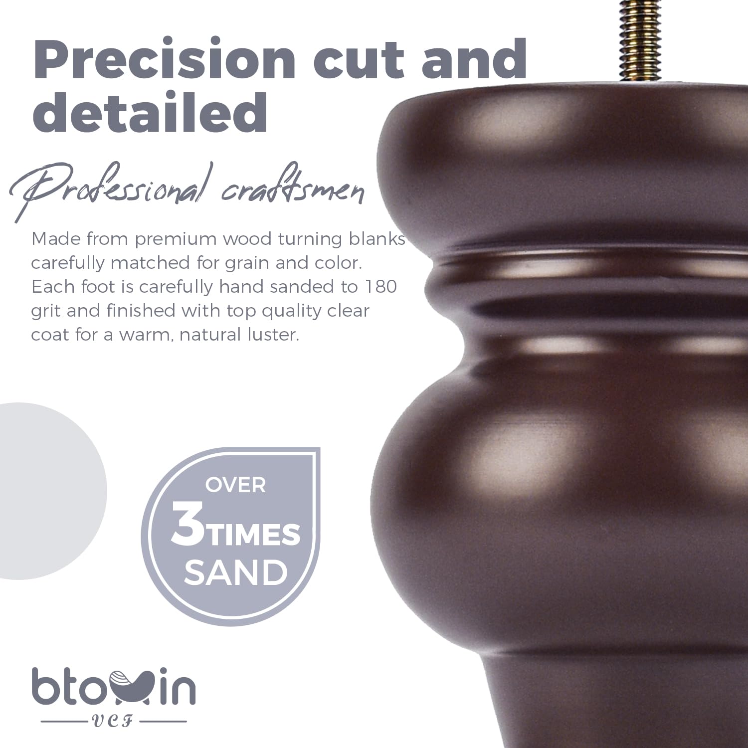 Btowin 4.8 Inch/12cm Solid Wood Furniture Legs,4Pcs Mid-Century Modern Walnut Turned Wooden Bun Feet with Threaded M8 Hanger Bolts & Mounting Plate & Screws for Sofa Couch Armchair Cabinet Recliner - Image 3