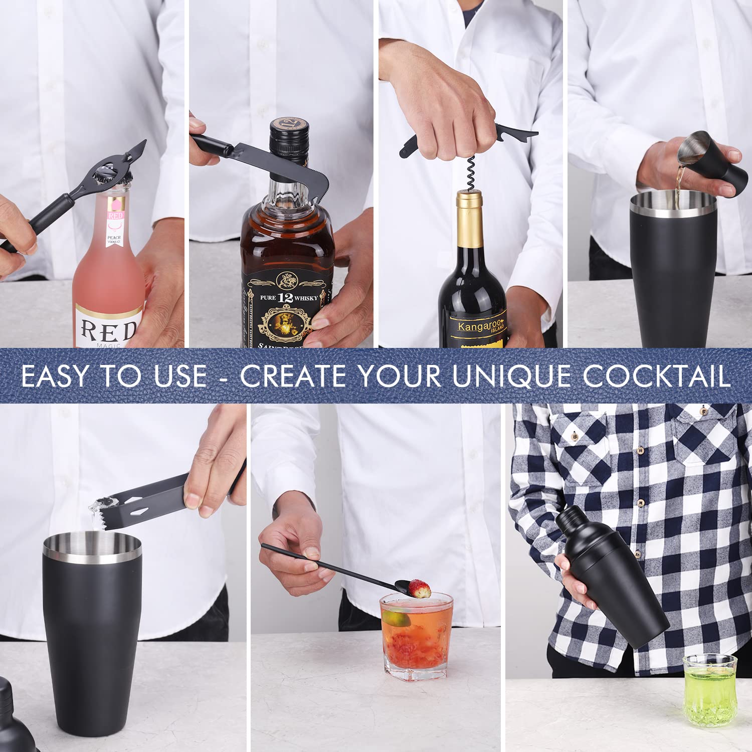 JNWINOG Juego de 9 cocteleras de coctelera kit de bartending bar cóctel bar set cóctel mezcla bebida kit profesional bar y hogar beber bar herramientas para camarero (negro mate)