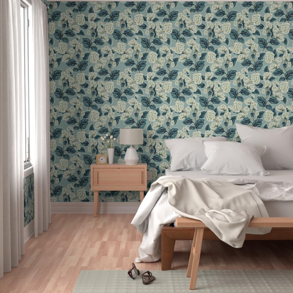 Spoonflower Removable Wallpaper Swatch - Farmhouse Floral Blue Botanical Traditional Transitional Cottage Custom Pre-Pasted Wallpaper