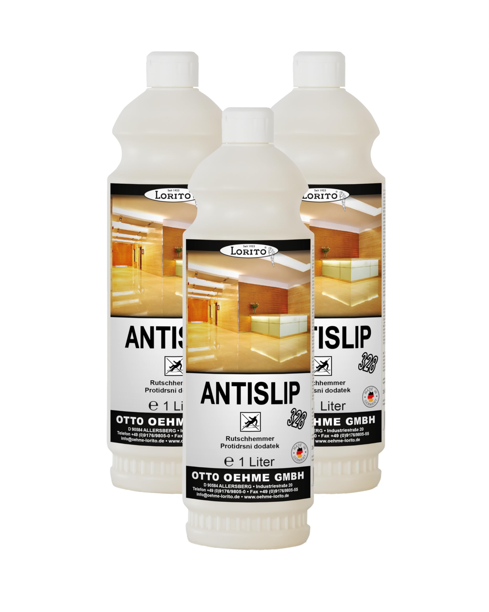 Lorito Antislip Rutschhemmer 328 3 x 1L - Anti-Rutsch-Flüssigkeit für Fliesen, Laminat, Parkett, Marmor, Granit, Sporthallen, Sportböden, PVC, Gummi, Linoleum & Polyolefin