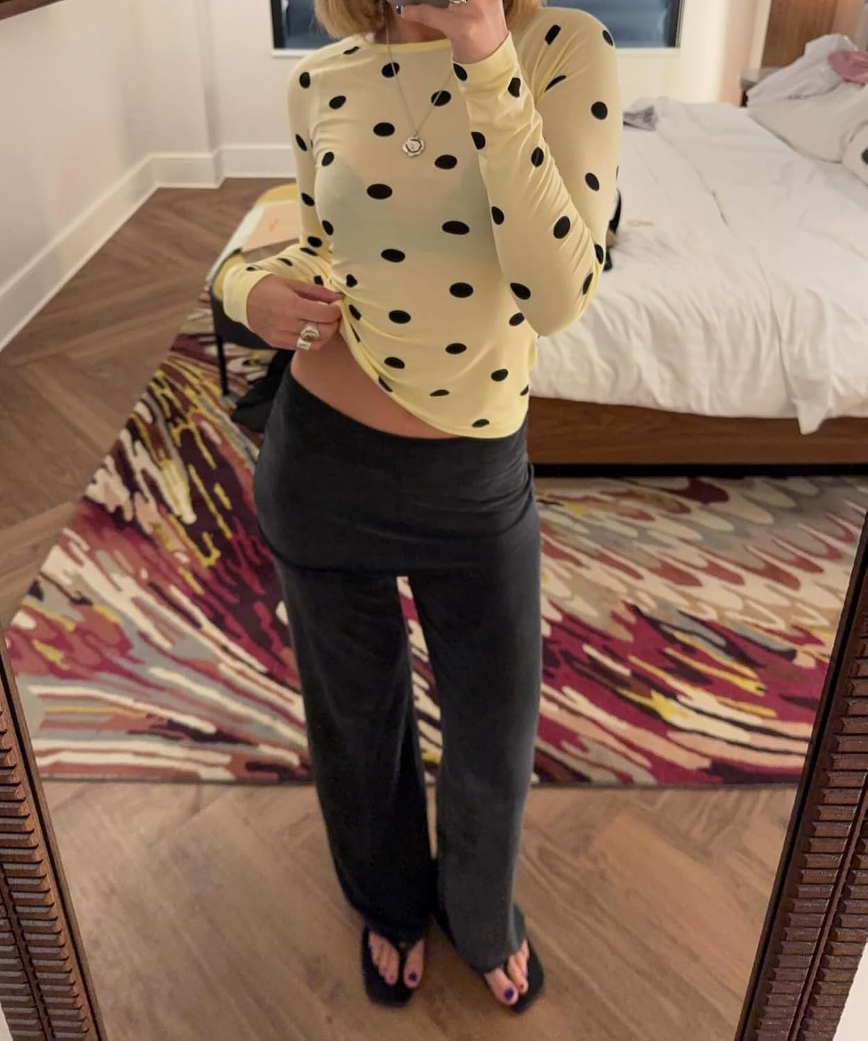 Women Y2k Long Sleeve Polka Dot Top Vintage Dot Print Slim Fit Going Out Crop Tops Cute Aesthetic Crew Neck Shirt Blouse - Image 2